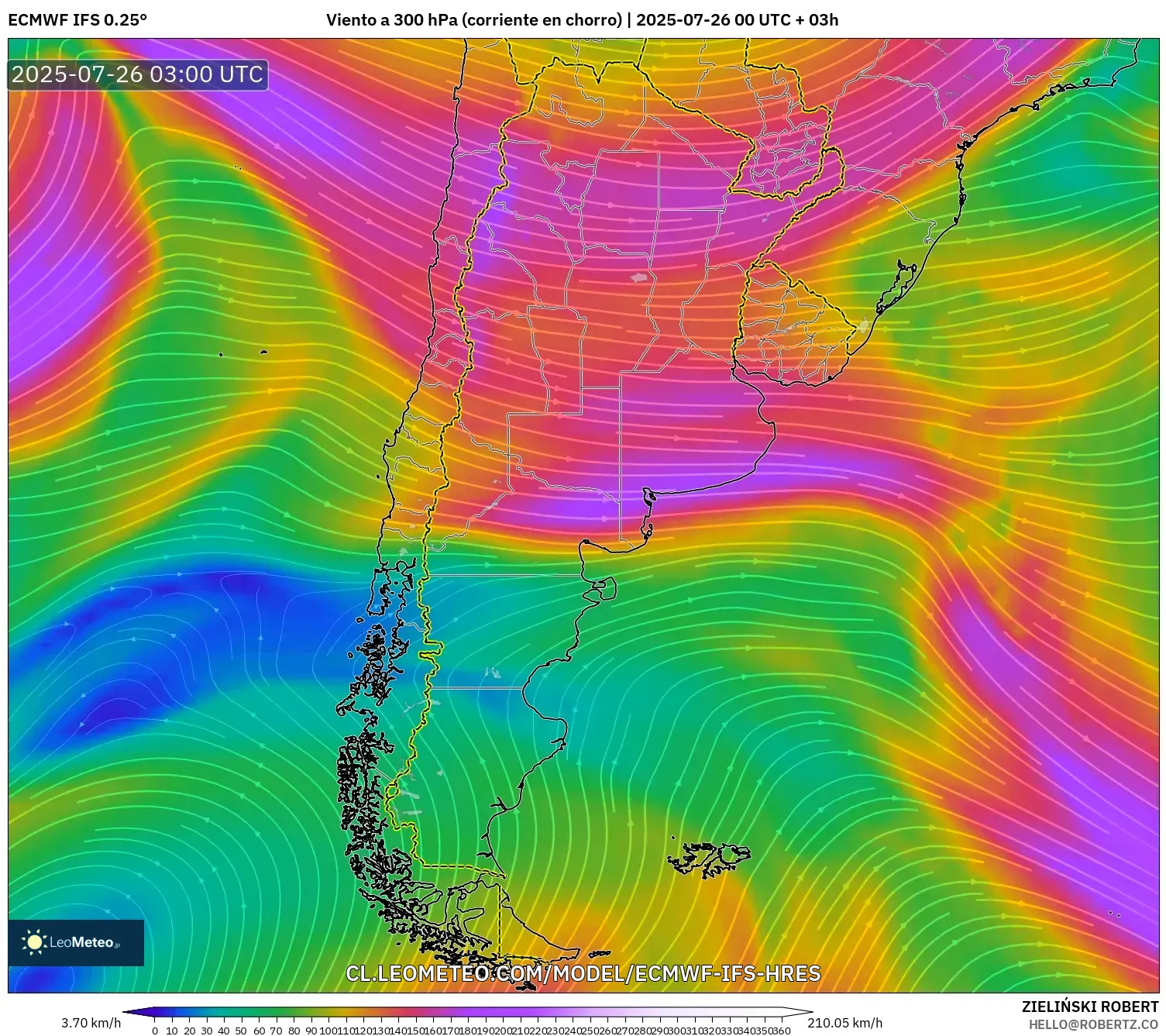 ECMWF IFS 0.25° model - Argentina, Viento a 300 hPa (corriente en chorro)