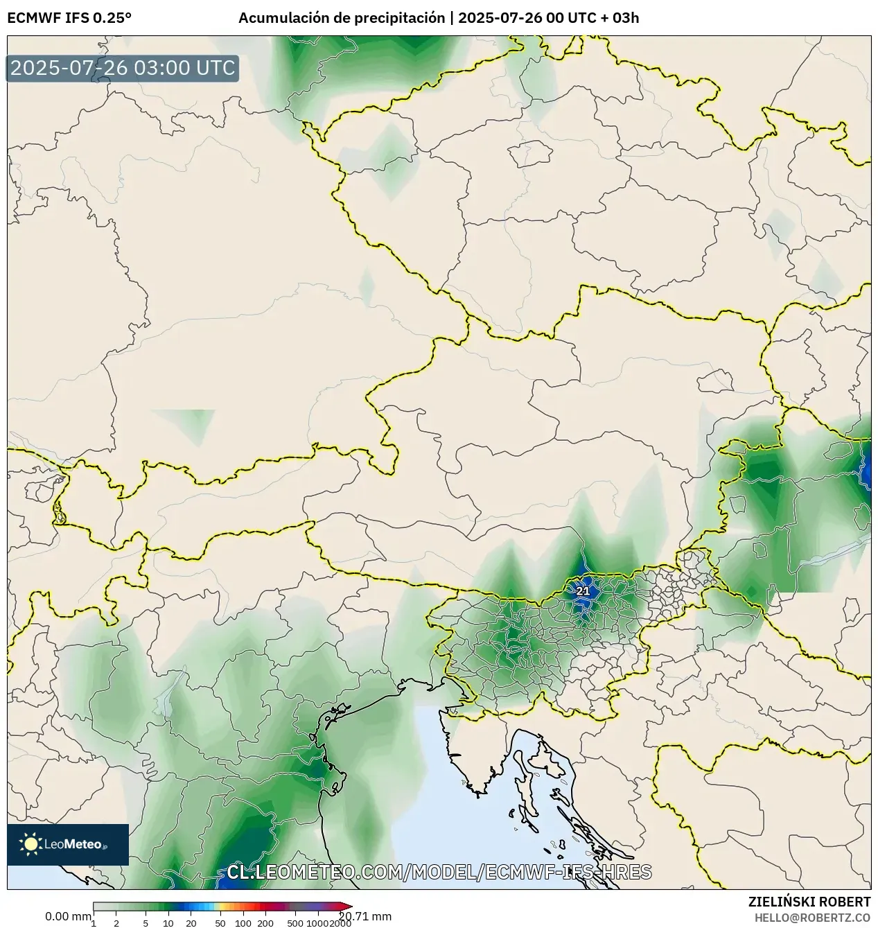ECMWF IFS 0.25° model - Austria, Acumulación de precipitación