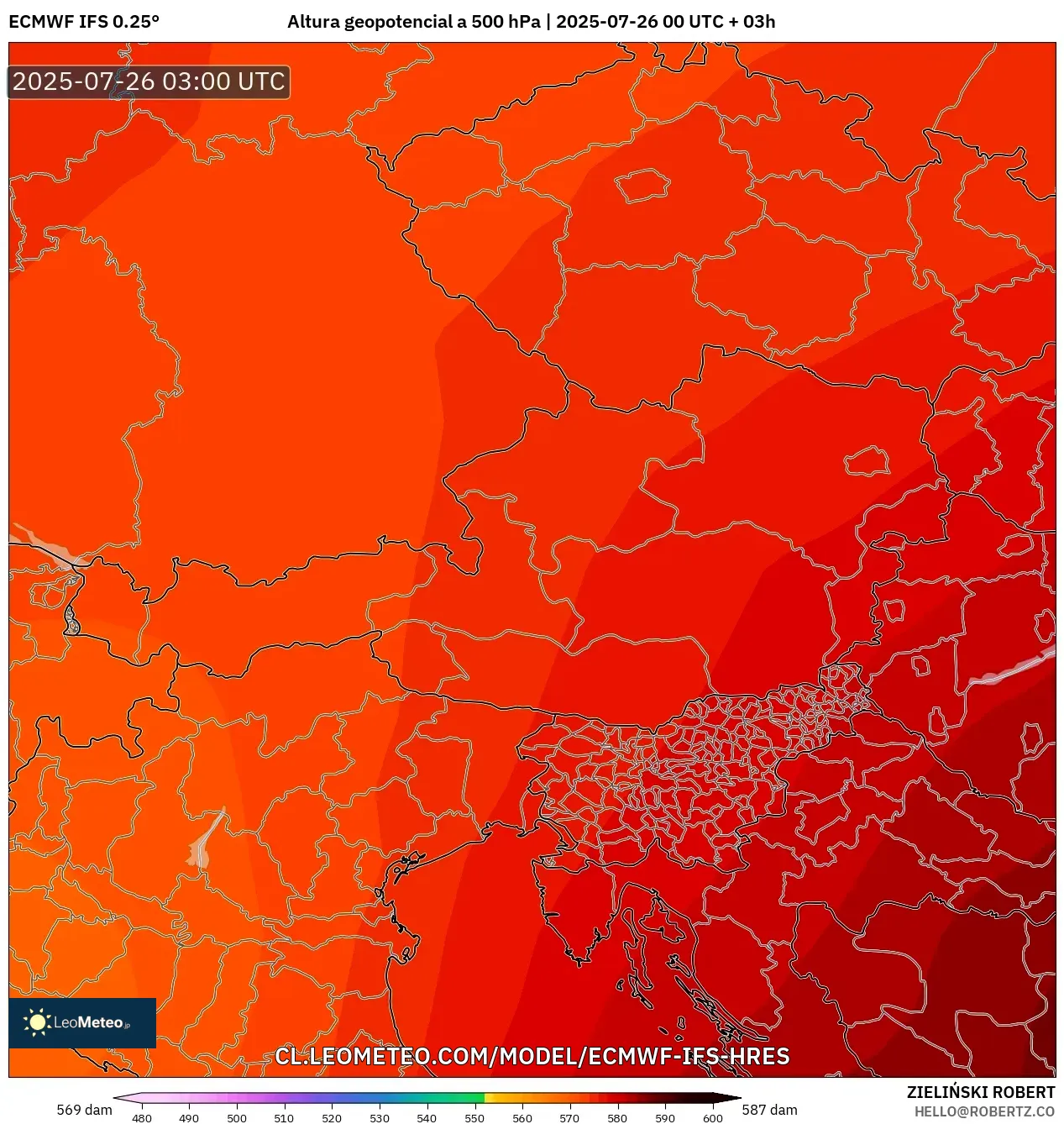 ECMWF IFS 0.25° model - Austria, Altura geopotencial a 500 hPa