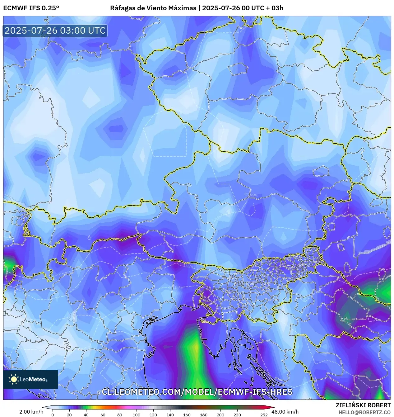 ECMWF IFS 0.25° model - Austria, Ráfagas de Viento Máximas