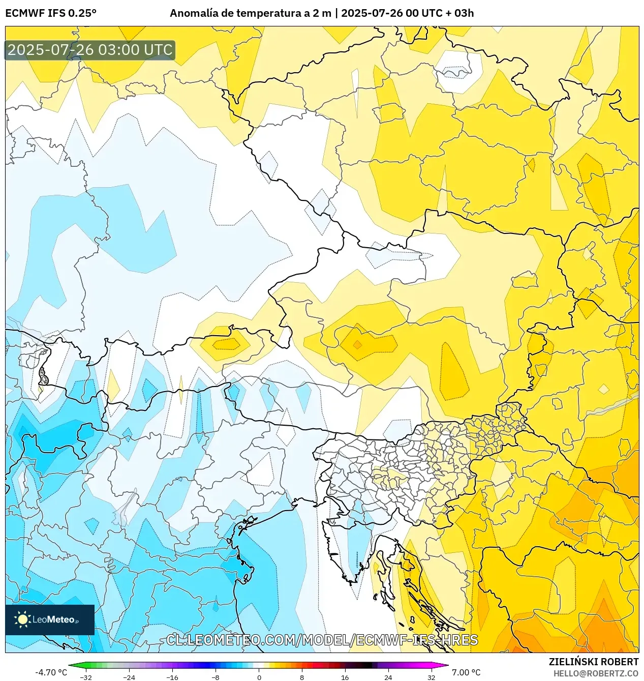 ECMWF IFS 0.25° model - Austria, Anomalía de temperatura a 2 m