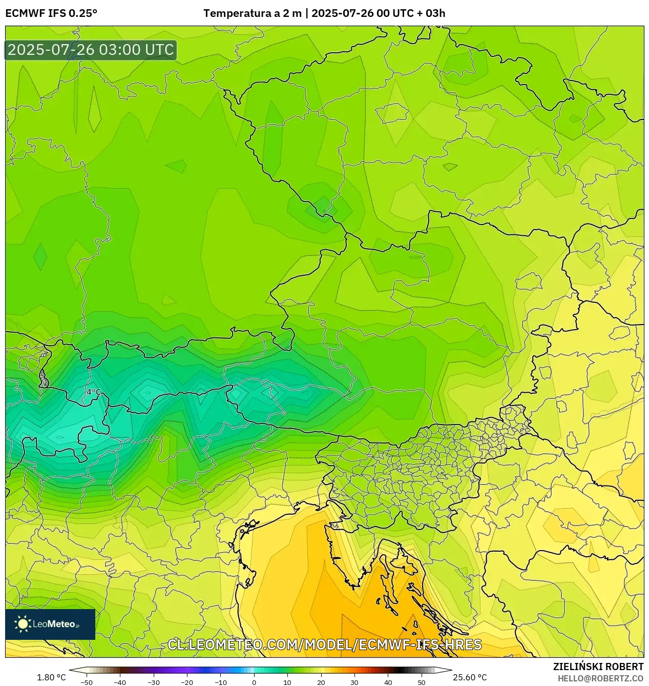 ECMWF IFS 0.25° model - Austria, Temperatura a 2 m