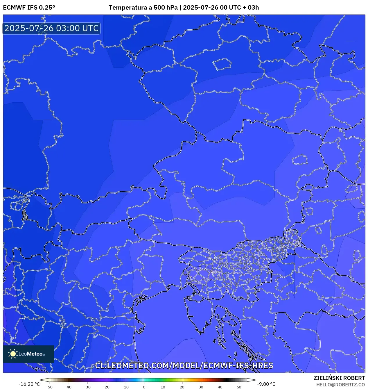 ECMWF IFS 0.25° model - Austria, Temperatura a 500 hPa
