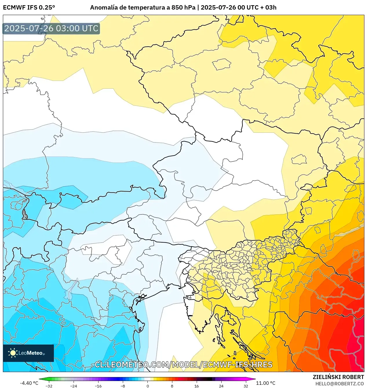 ECMWF IFS 0.25° model - Austria, Anomalía de temperatura a 850 hPa