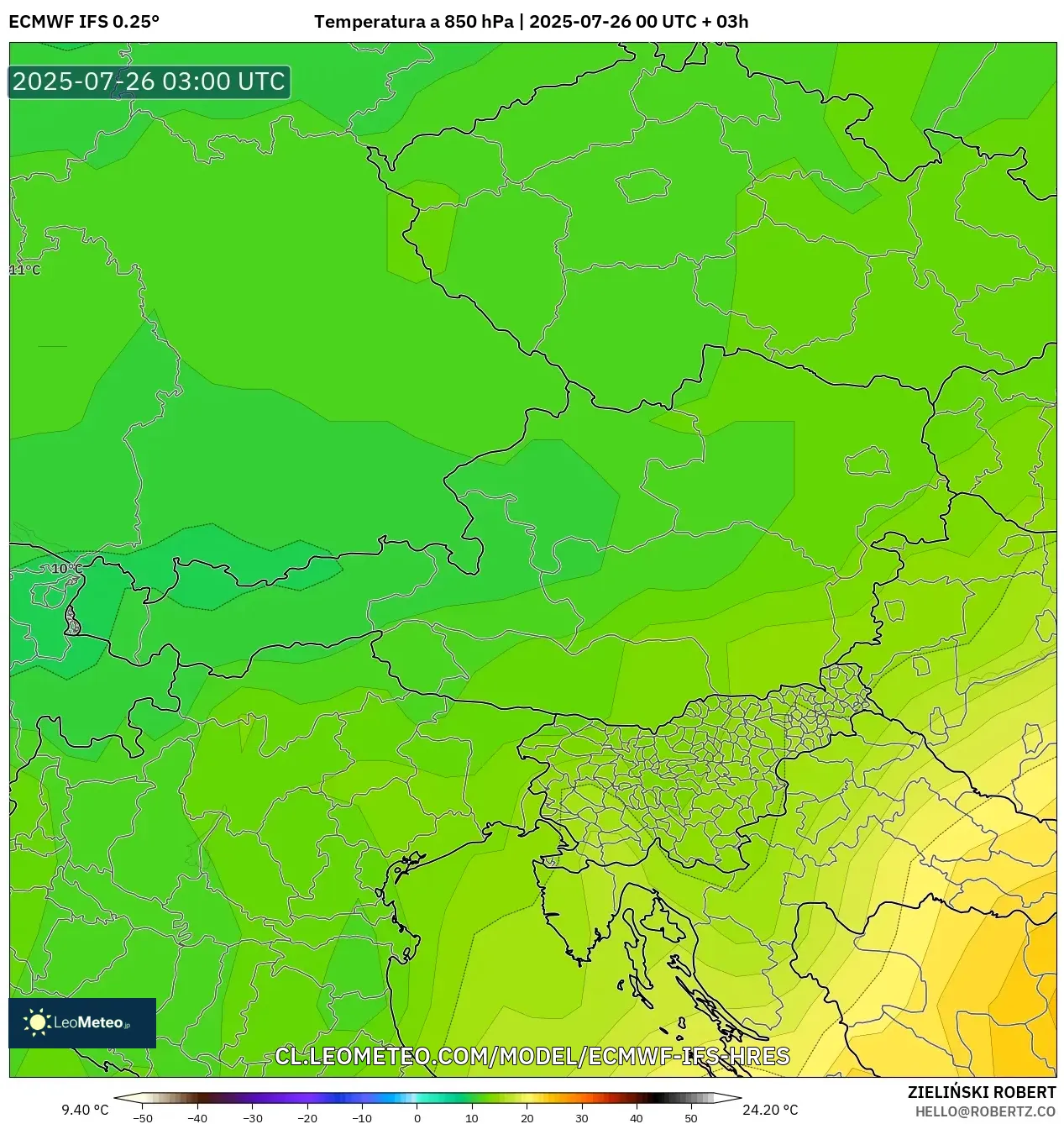 ECMWF IFS 0.25° model - Austria, Temperatura a 850 hPa