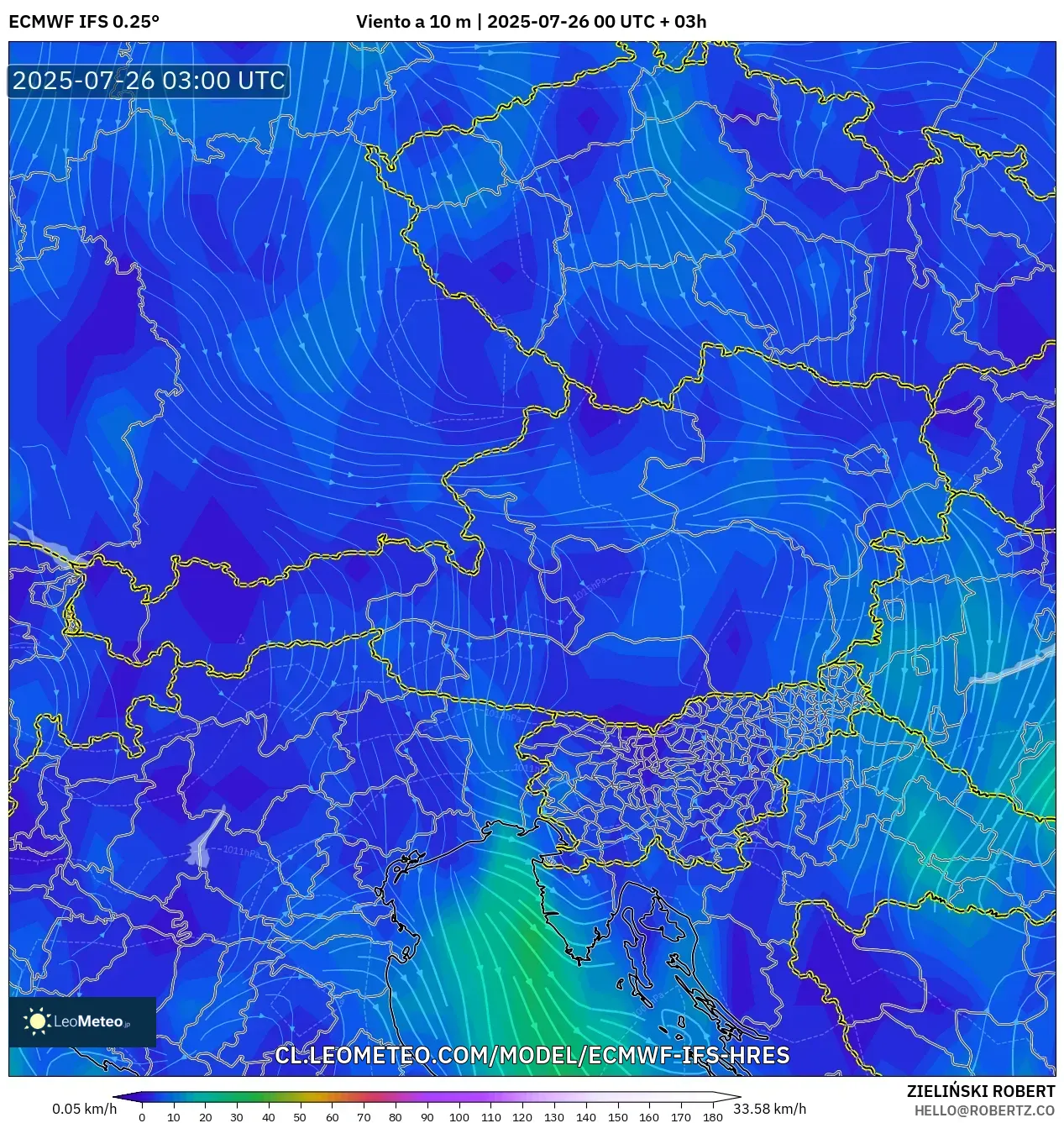 ECMWF IFS 0.25° model - Austria, Viento a 10 m