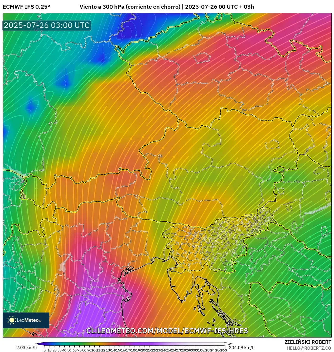 ECMWF IFS 0.25° model - Austria, Viento a 300 hPa (corriente en chorro)