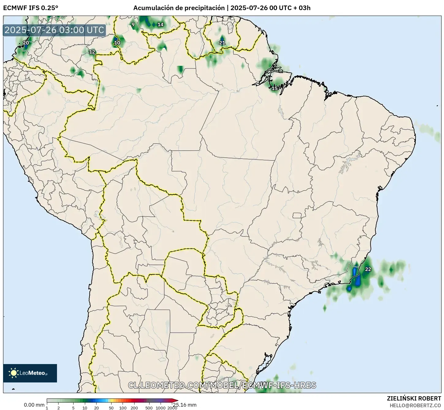 ECMWF IFS 0.25° model - Brasil, Acumulación de precipitación