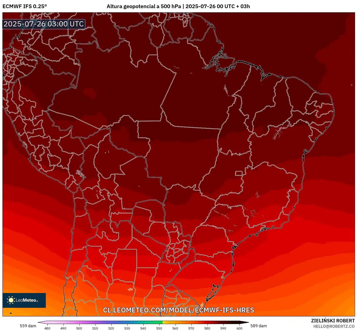 ECMWF IFS 0.25° model - Brasil, Altura geopotencial a 500 hPa