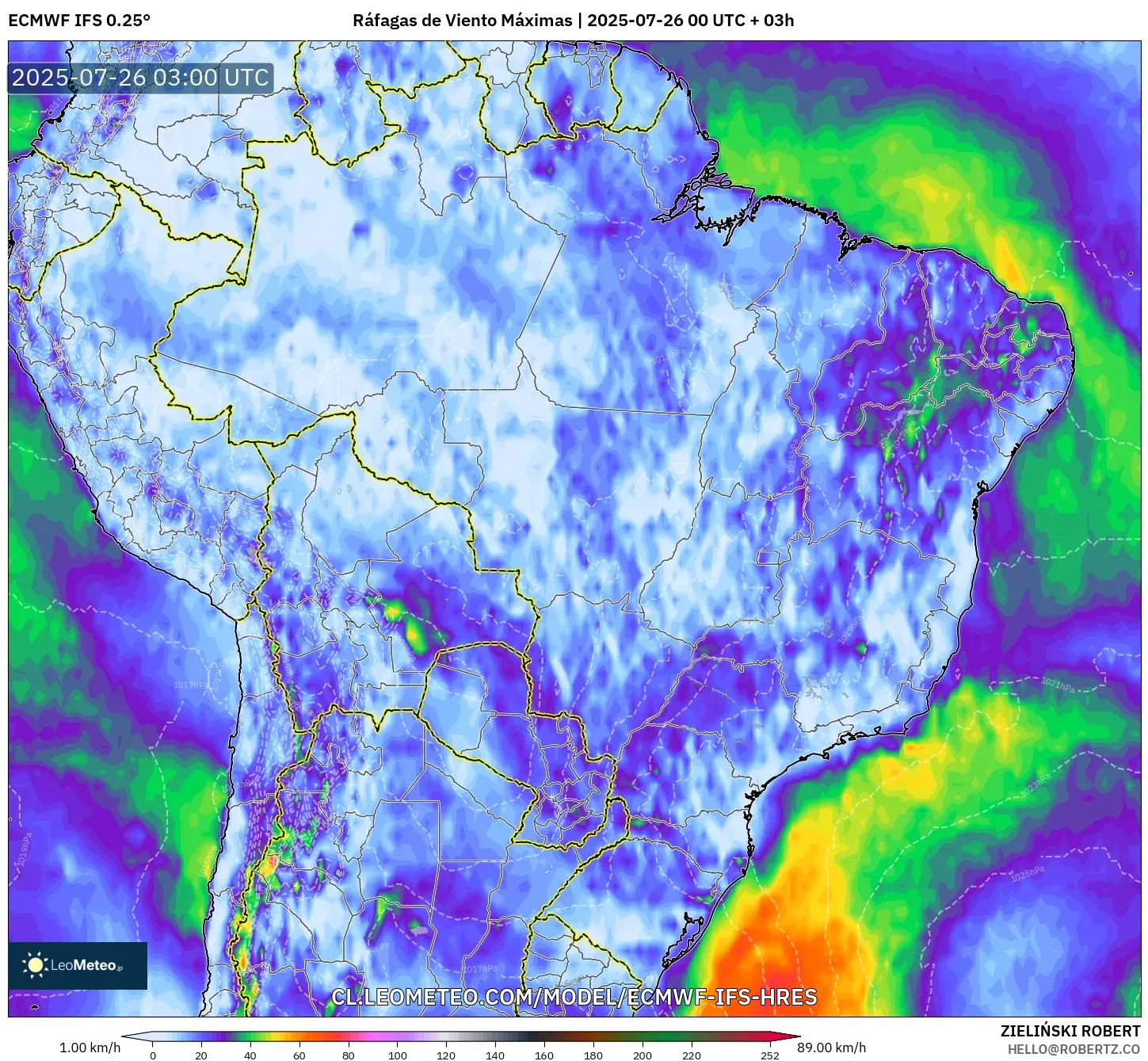 ECMWF IFS 0.25° model - Brasil, Ráfagas de Viento Máximas