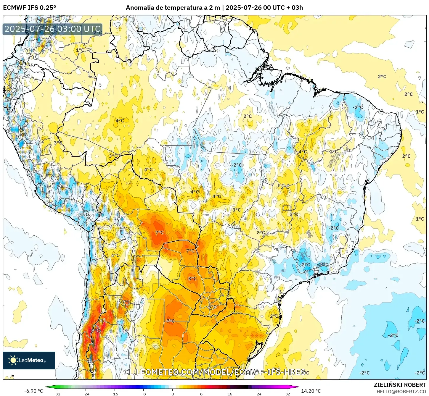 ECMWF IFS 0.25° model - Brasil, Anomalía de temperatura a 2 m