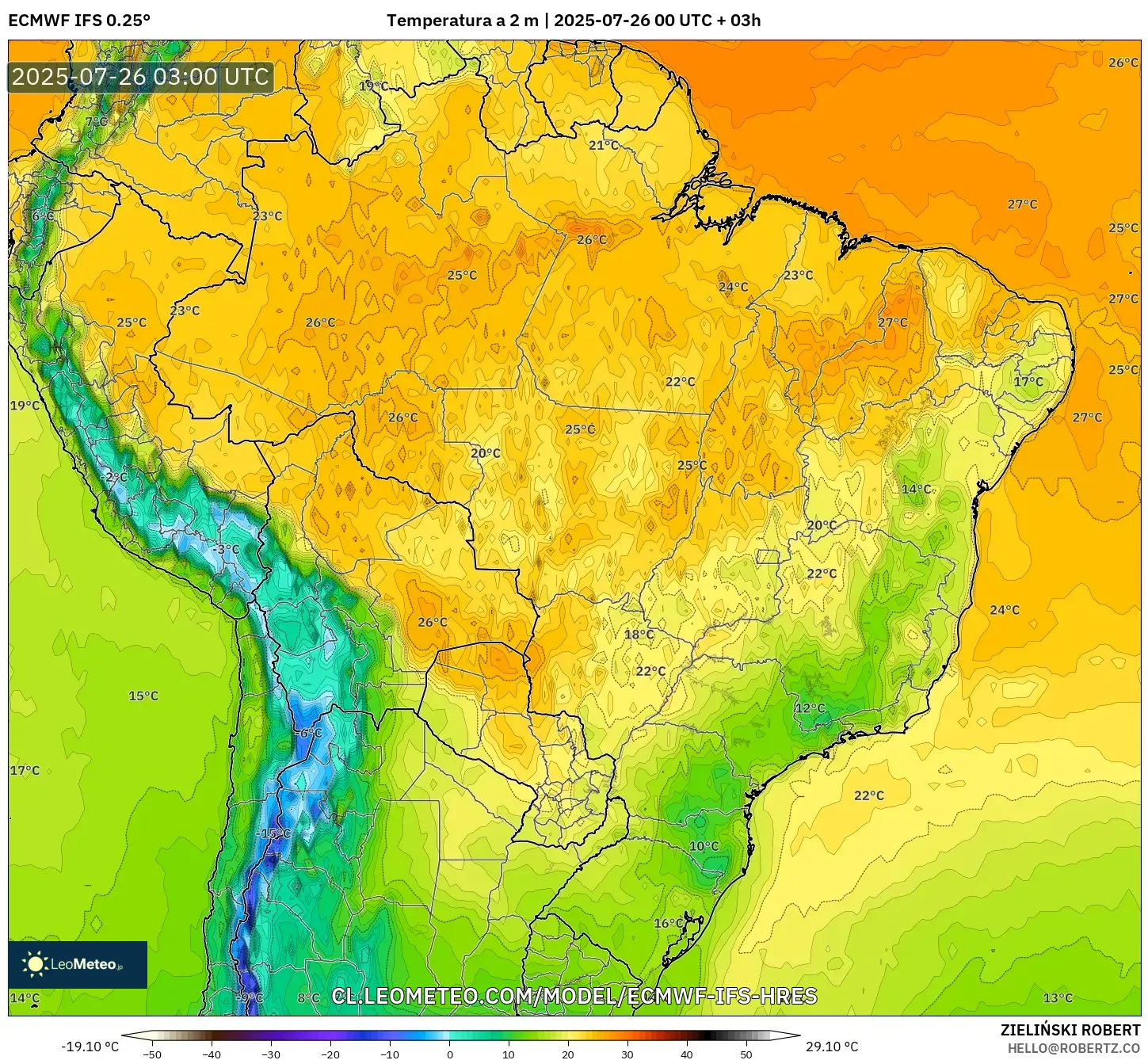 ECMWF IFS 0.25° model - Brasil, Temperatura a 2 m