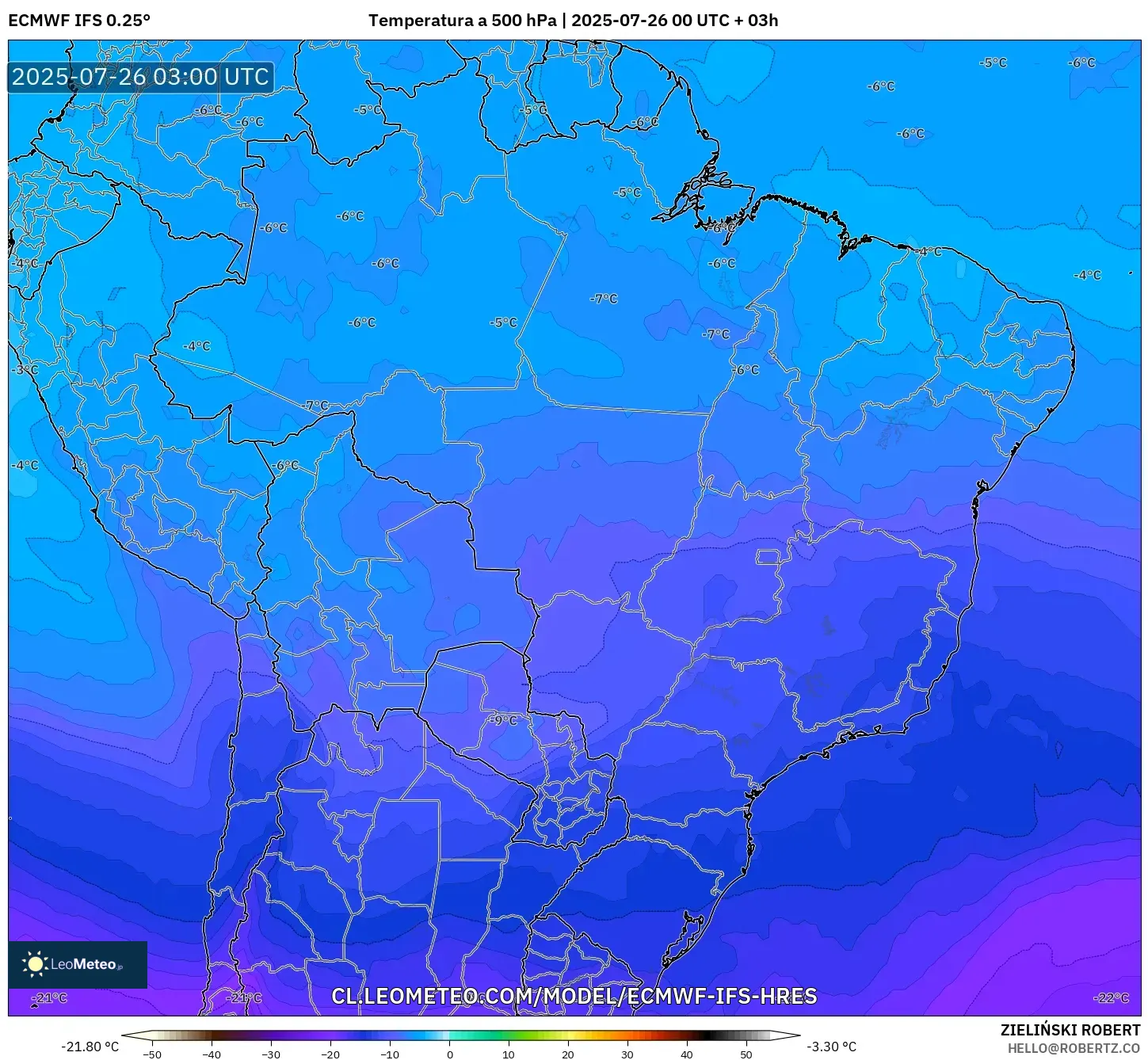 ECMWF IFS 0.25° model - Brasil, Temperatura a 500 hPa