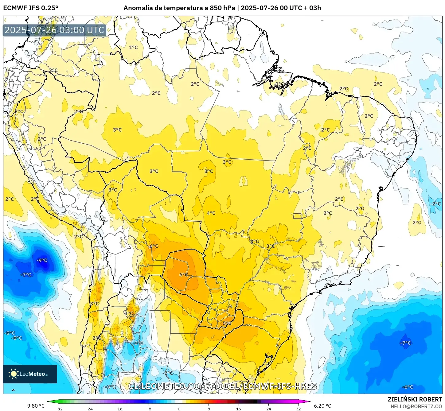 ECMWF IFS 0.25° model - Brasil, Anomalía de temperatura a 850 hPa