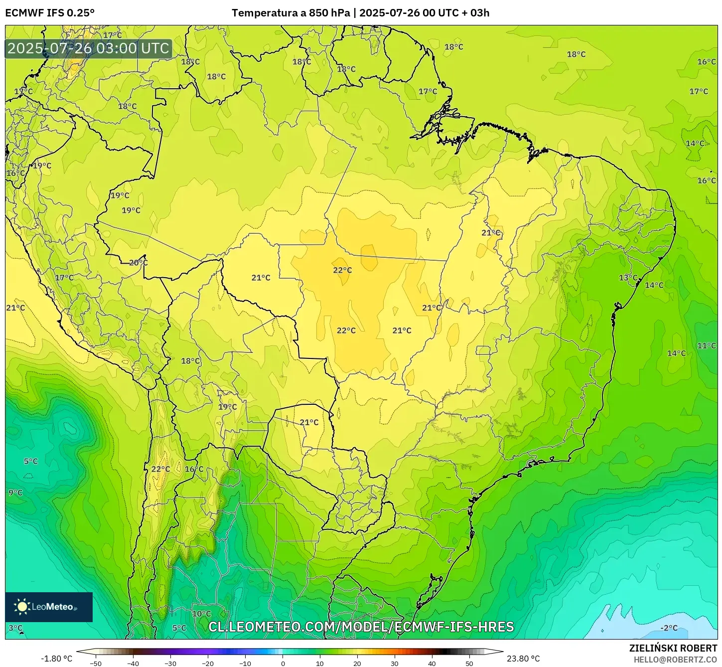 ECMWF IFS 0.25° model - Brasil, Temperatura a 850 hPa