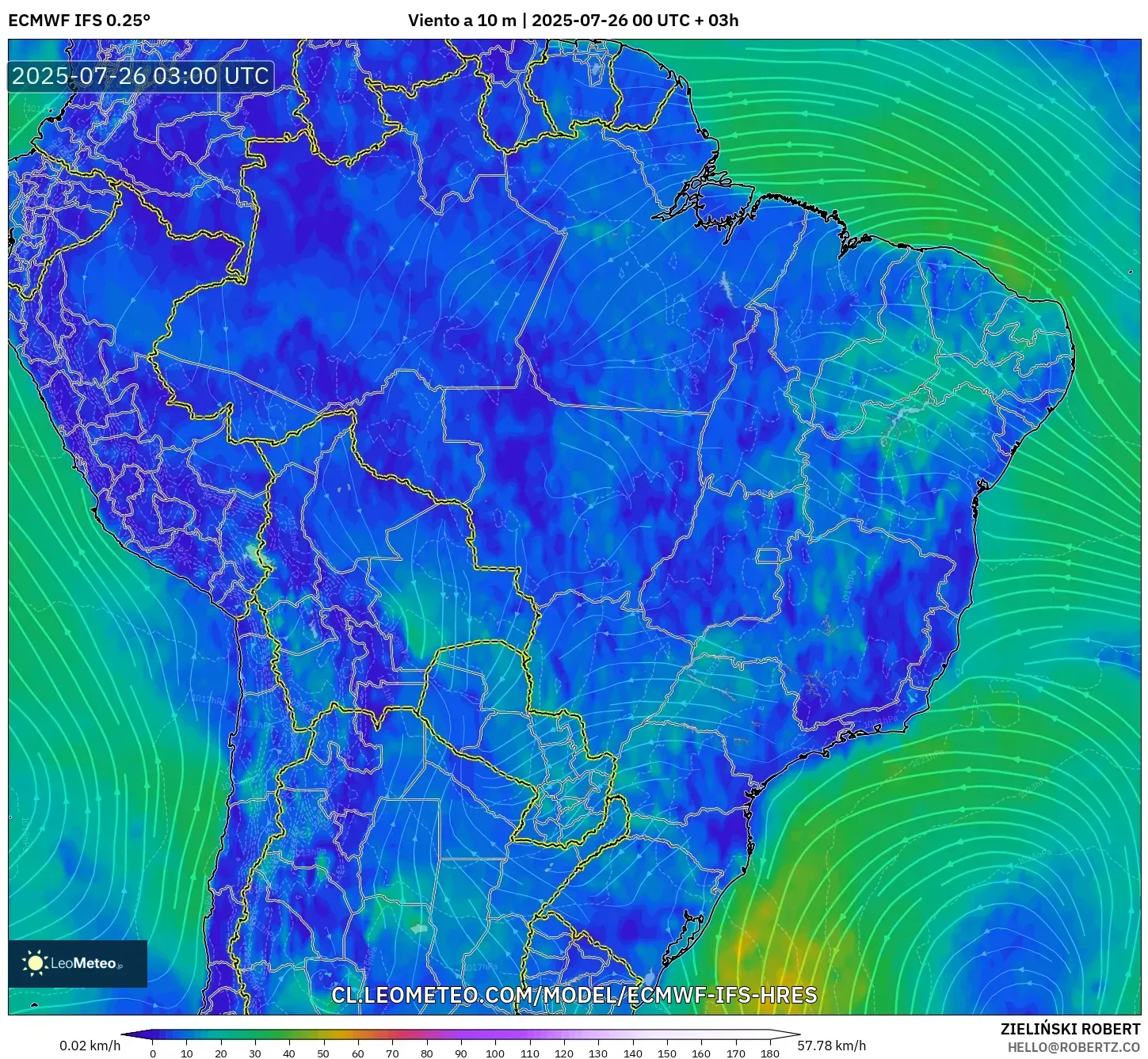 ECMWF IFS 0.25° model - Brasil, Viento a 10 m