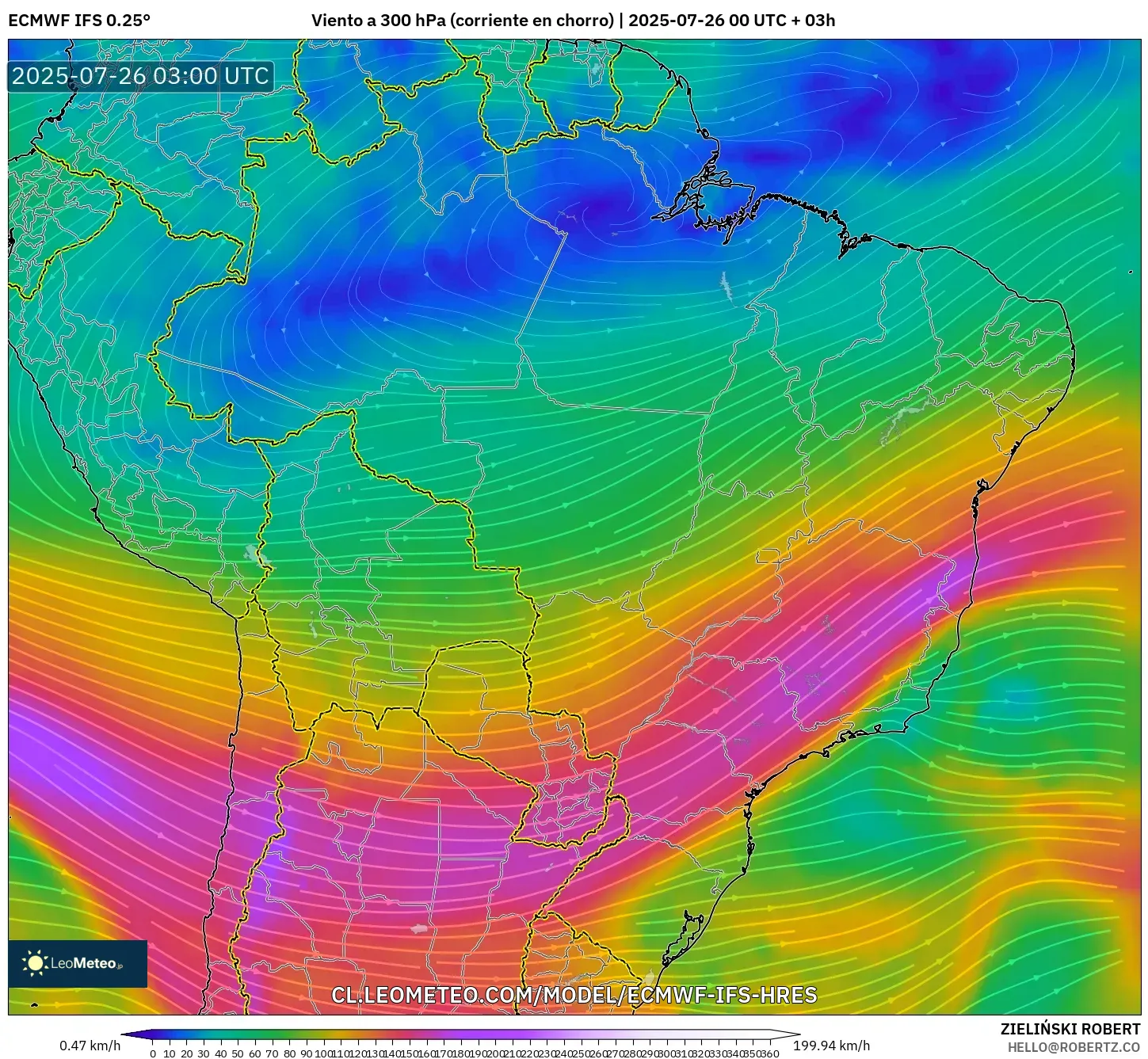 ECMWF IFS 0.25° model - Brasil, Viento a 300 hPa (corriente en chorro)