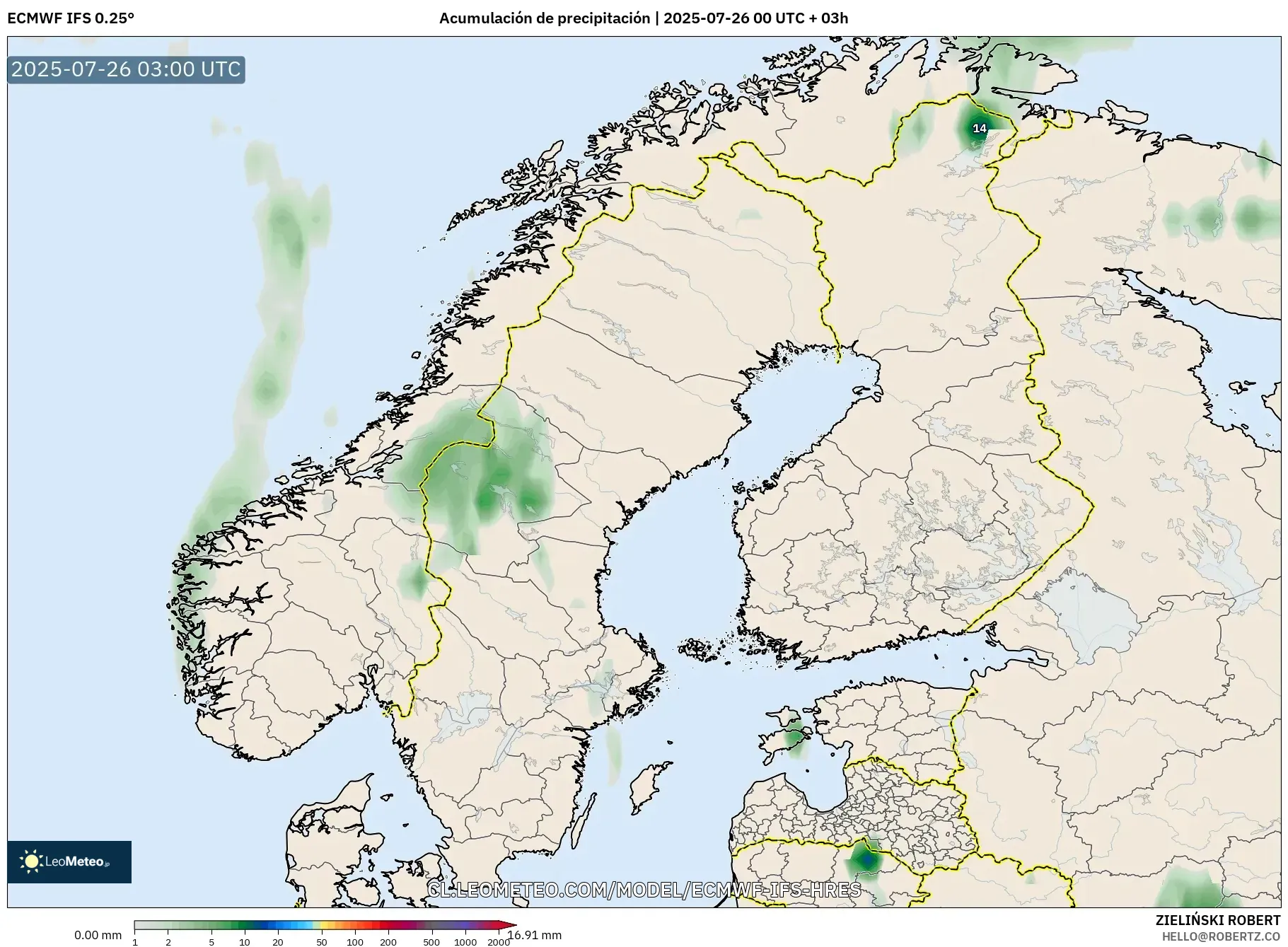 ECMWF IFS 0.25° model - Escandinavia, Acumulación de precipitación