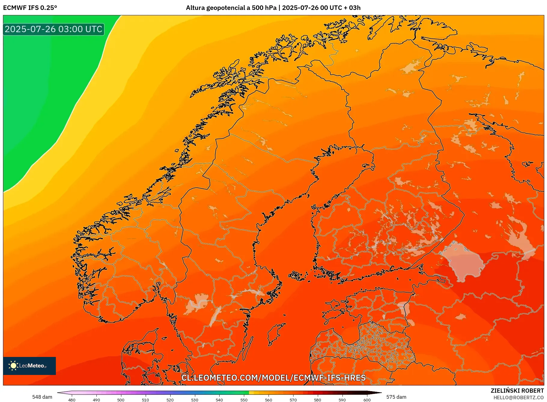 ECMWF IFS 0.25° model - Escandinavia, Altura geopotencial a 500 hPa