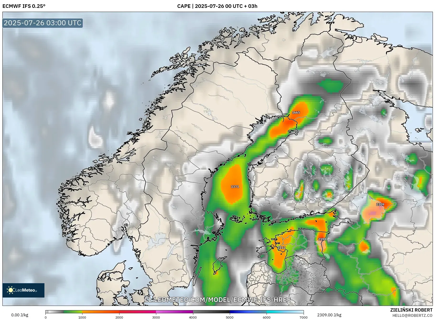ECMWF IFS 0.25° model - Escandinavia, CAPE