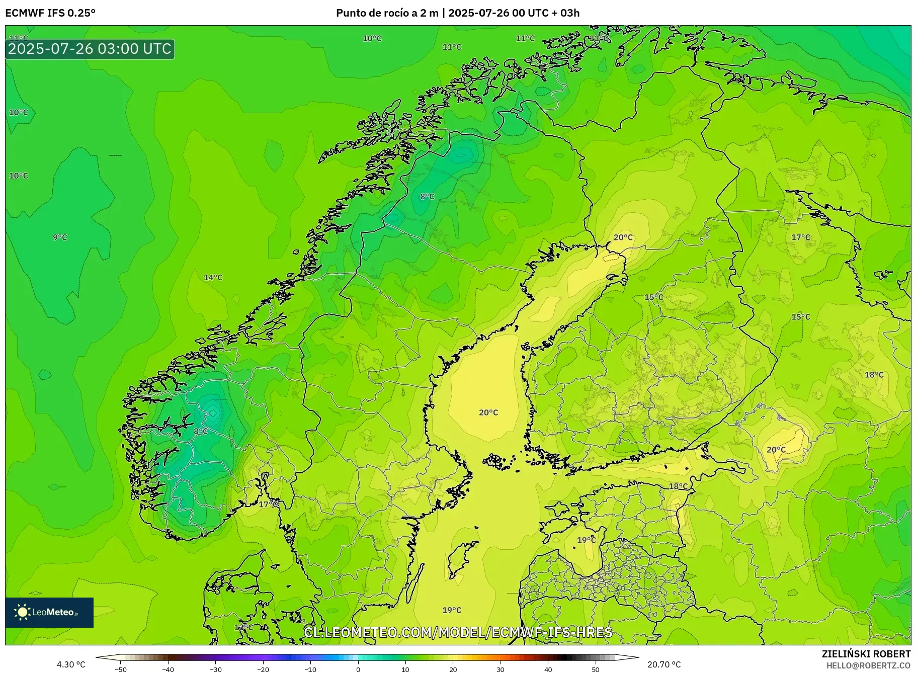 ECMWF IFS 0.25° model - Escandinavia, Punto de rocío a 2 m