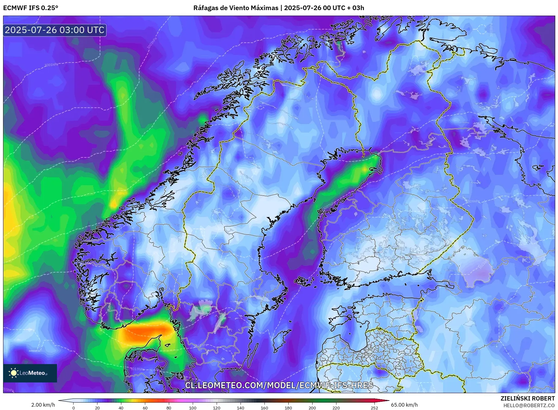 ECMWF IFS 0.25° model - Escandinavia, Ráfagas de Viento Máximas