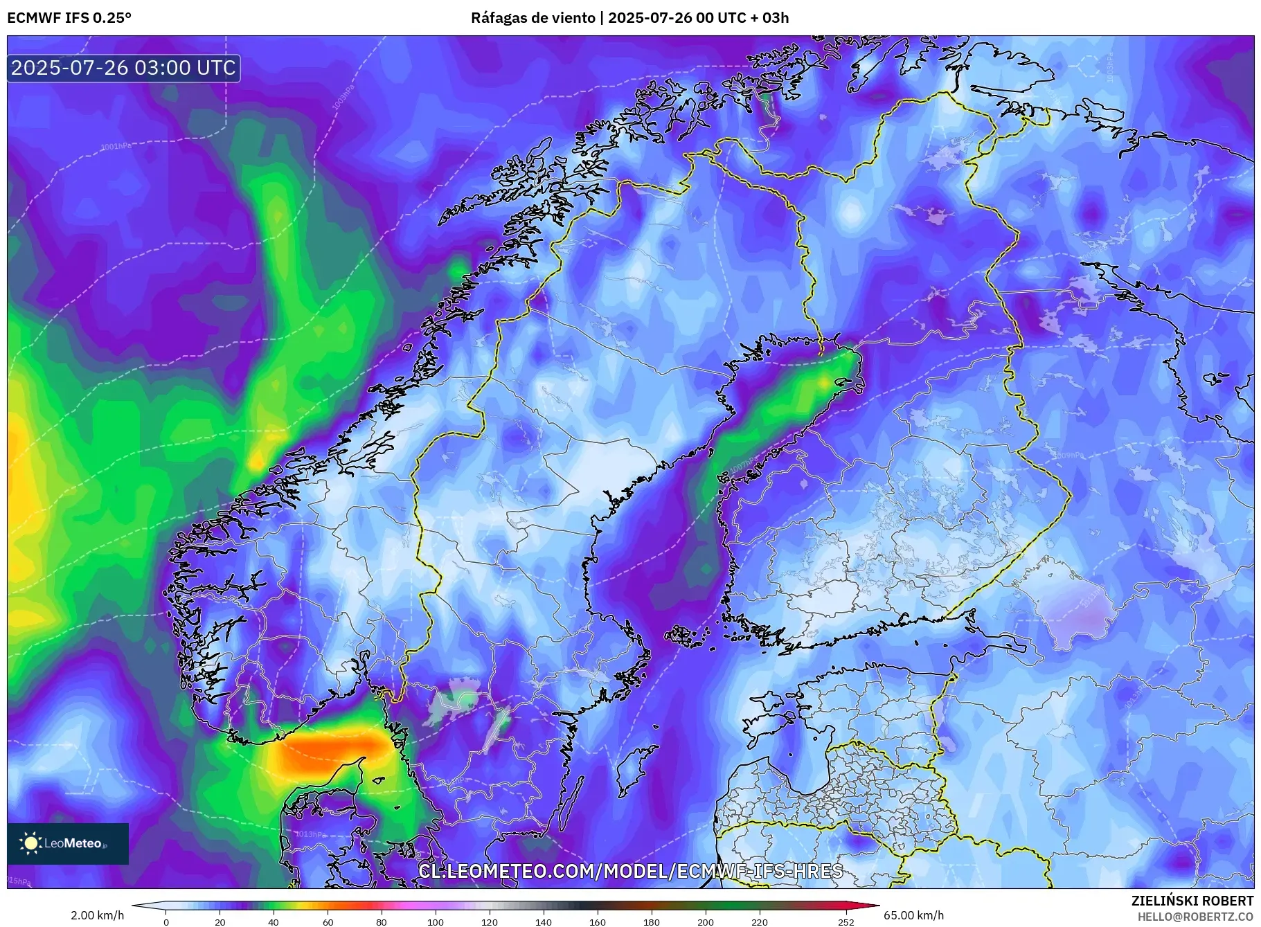 ECMWF IFS 0.25° model - Escandinavia, Ráfagas de viento