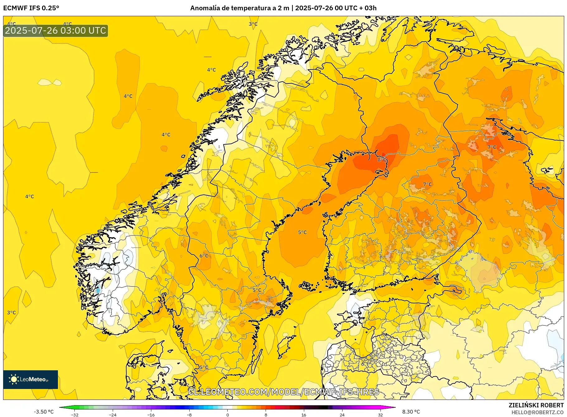 ECMWF IFS 0.25° model - Escandinavia, Anomalía de temperatura a 2 m