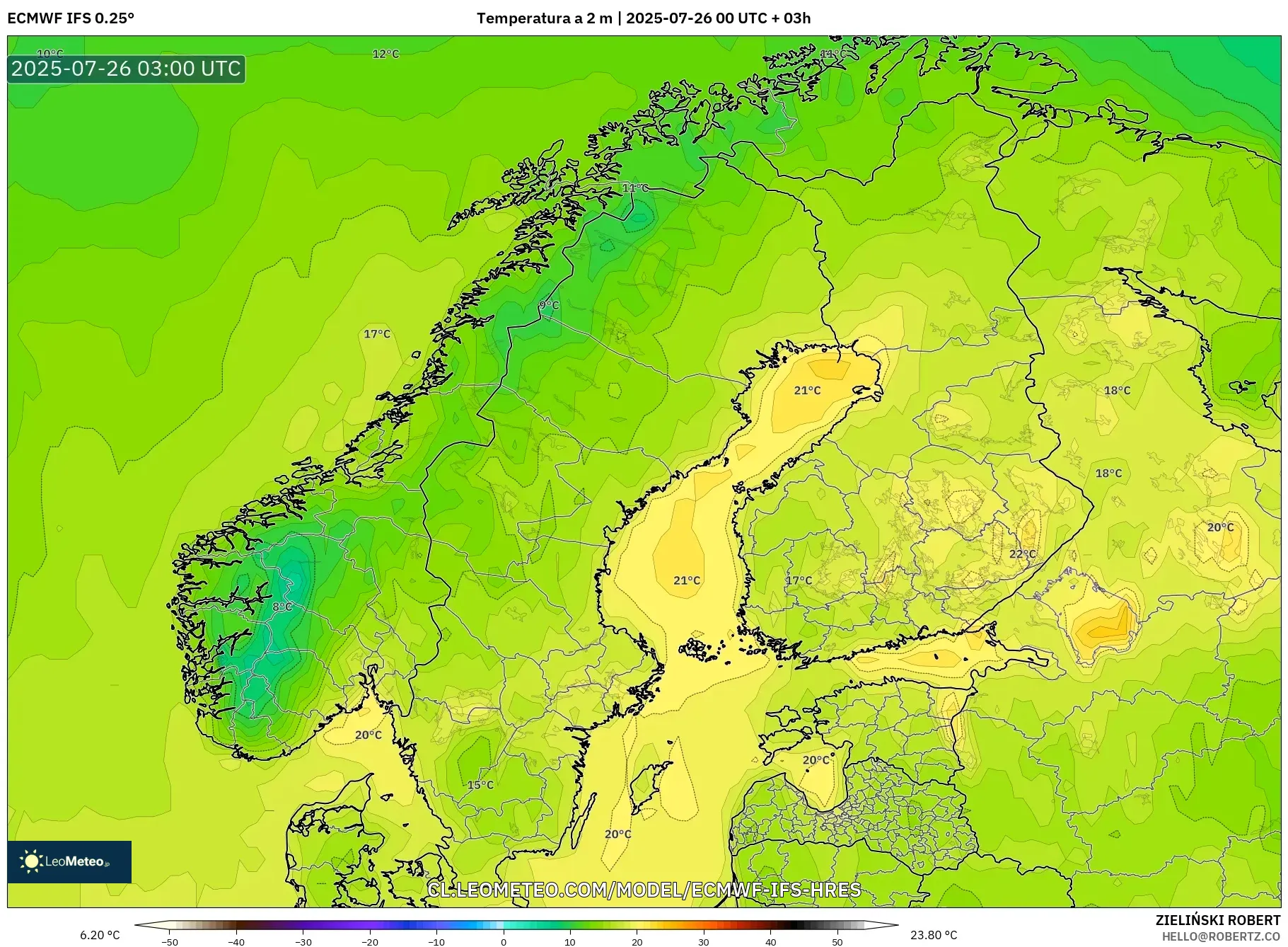 ECMWF IFS 0.25° model - Escandinavia, Temperatura a 2 m