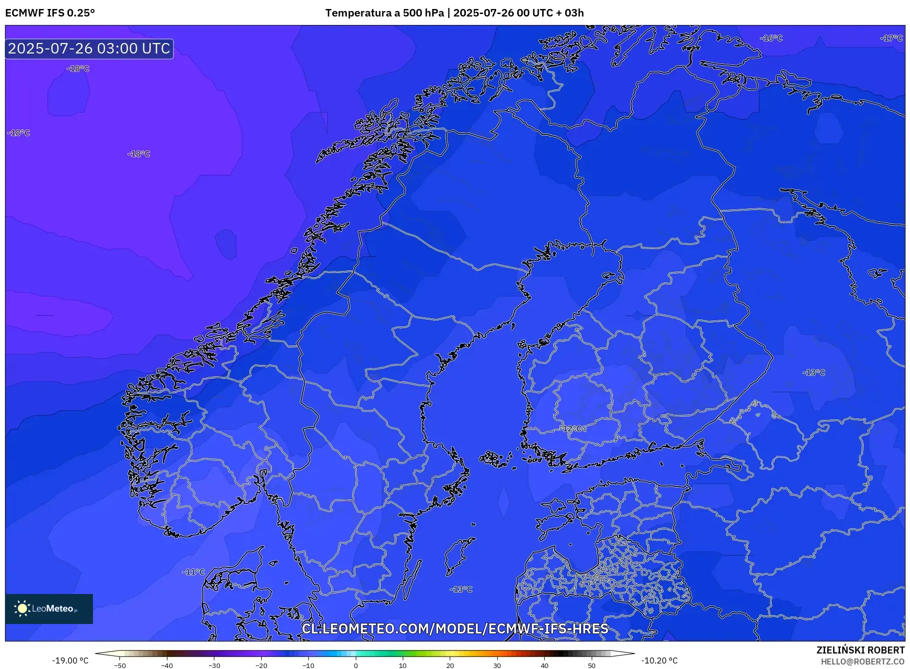 ECMWF IFS 0.25° model - Escandinavia, Temperatura a 500 hPa