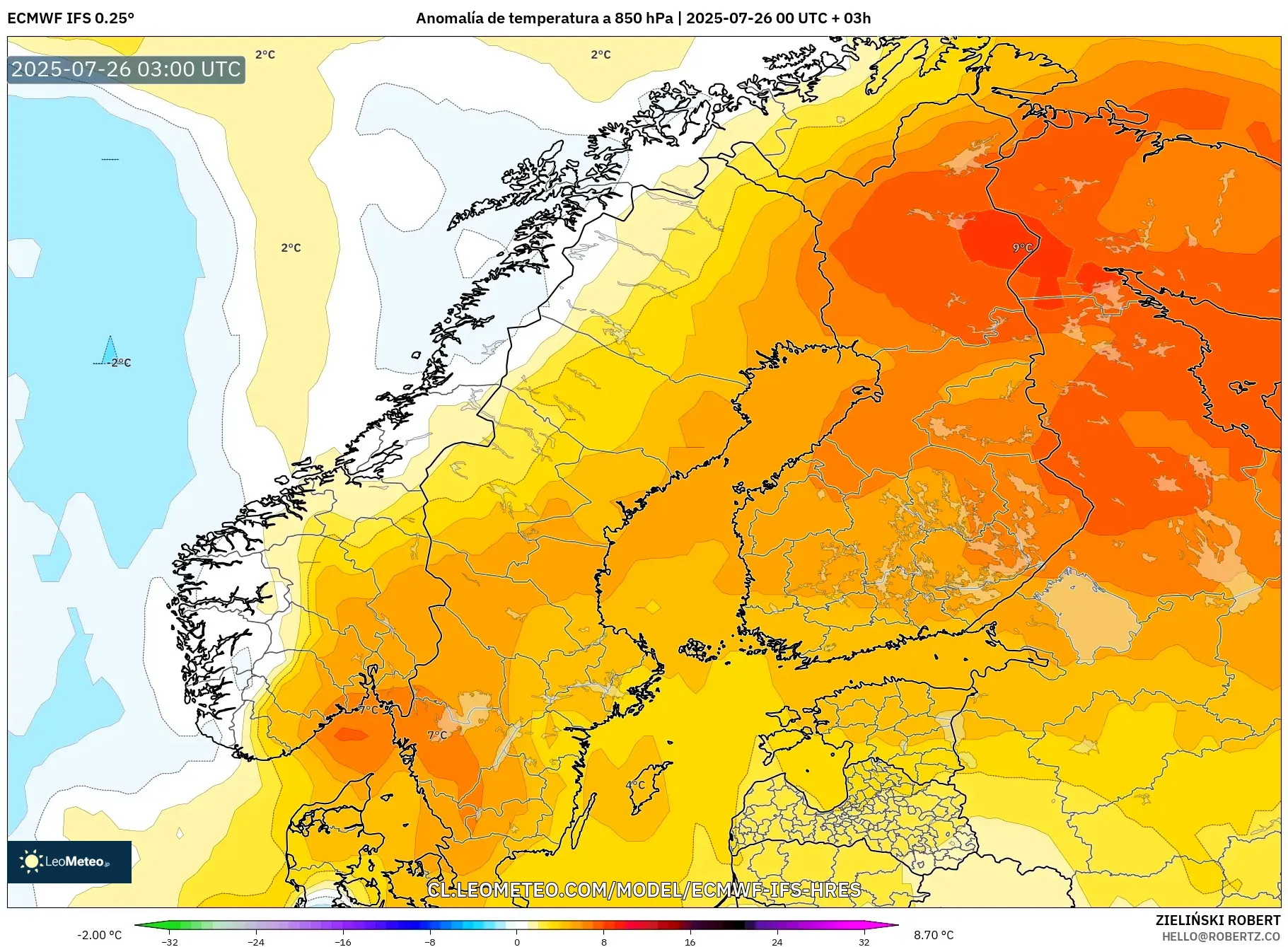 ECMWF IFS 0.25° model - Escandinavia, Anomalía de temperatura a 850 hPa