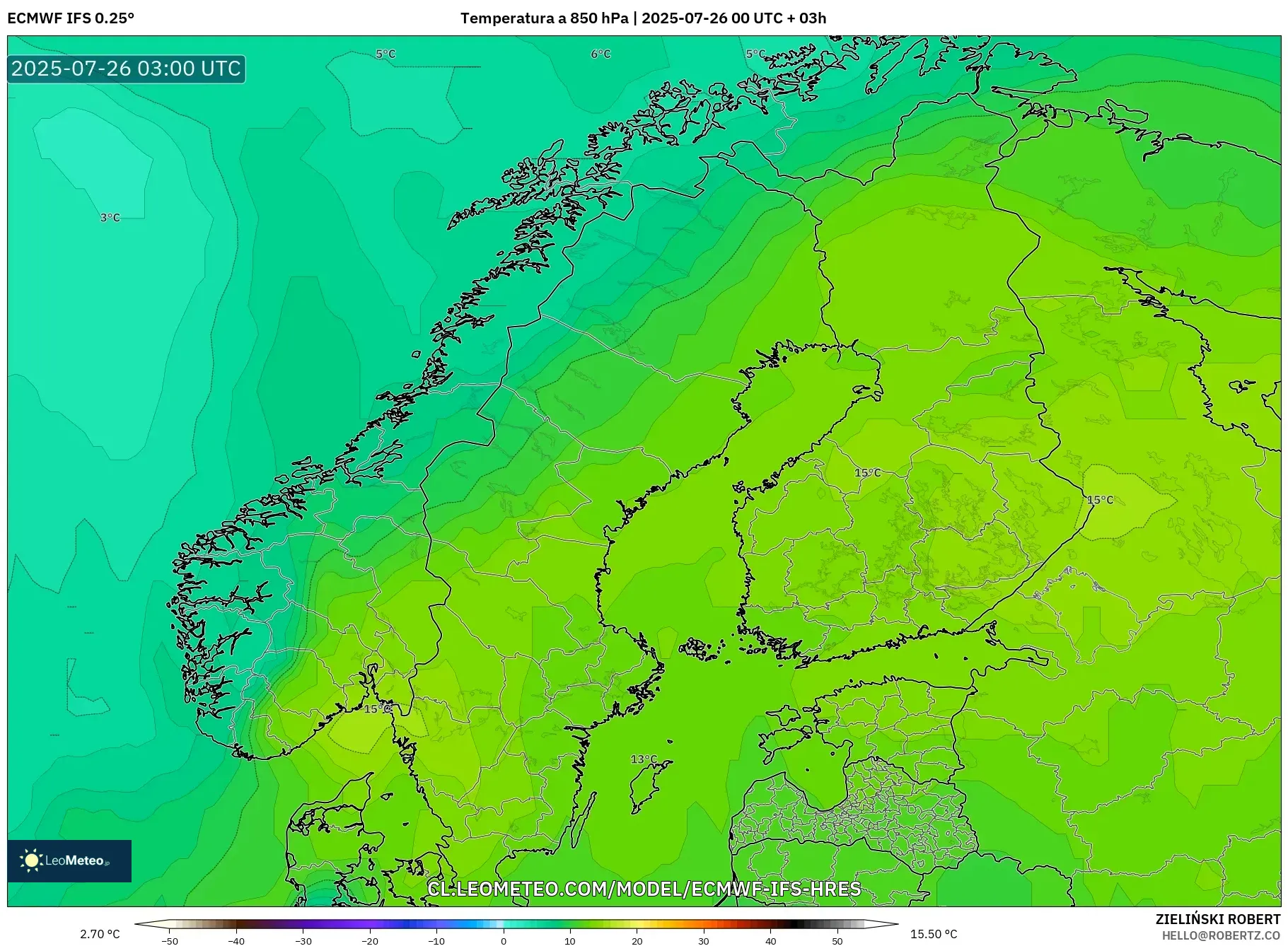 ECMWF IFS 0.25° model - Escandinavia, Temperatura a 850 hPa