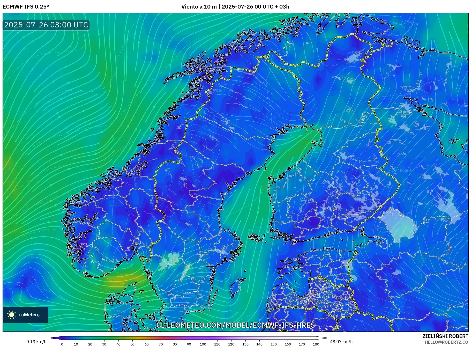 ECMWF IFS 0.25° model - Escandinavia, Viento a 10 m