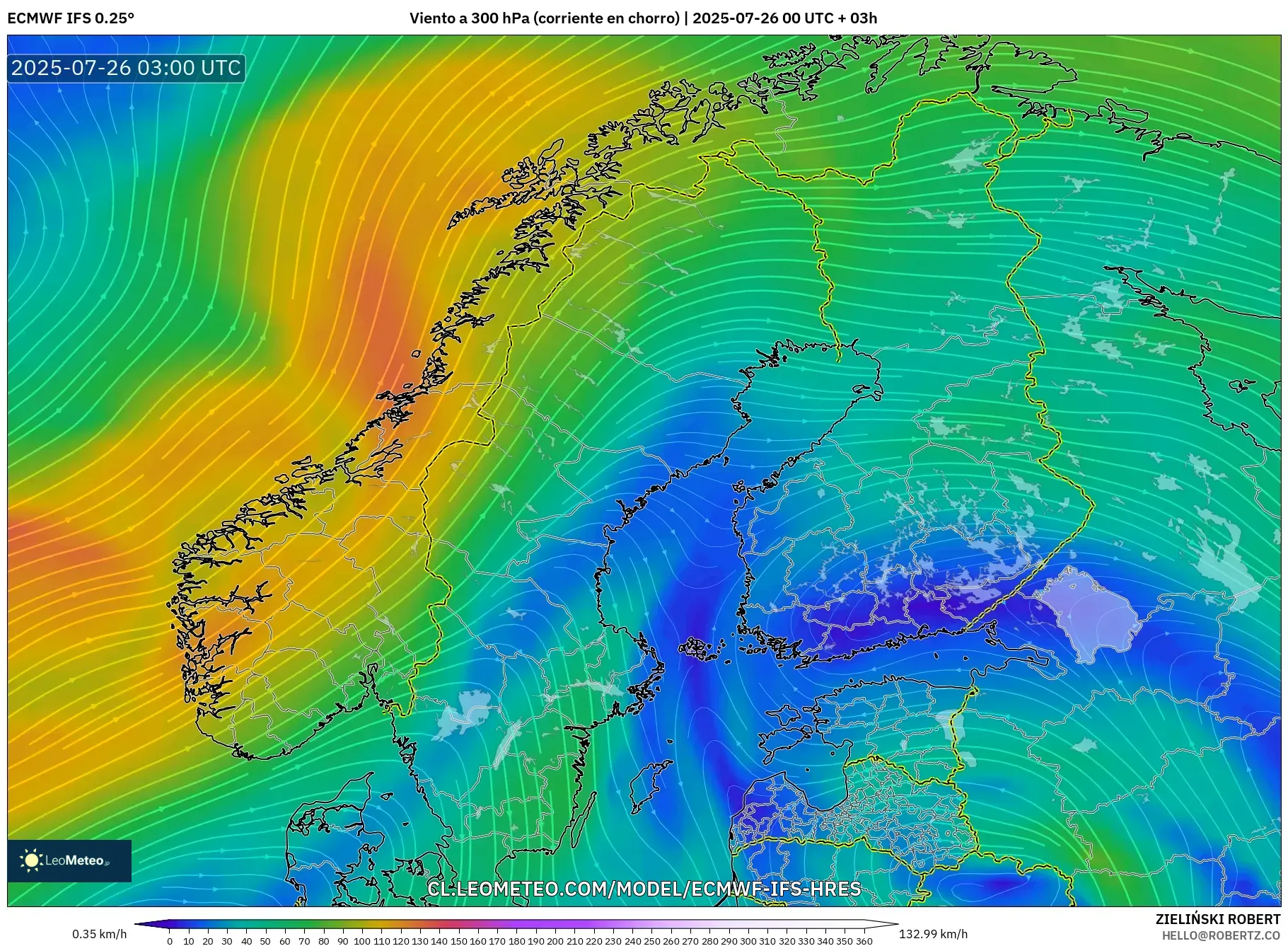 ECMWF IFS 0.25° model - Escandinavia, Viento a 300 hPa (corriente en chorro)
