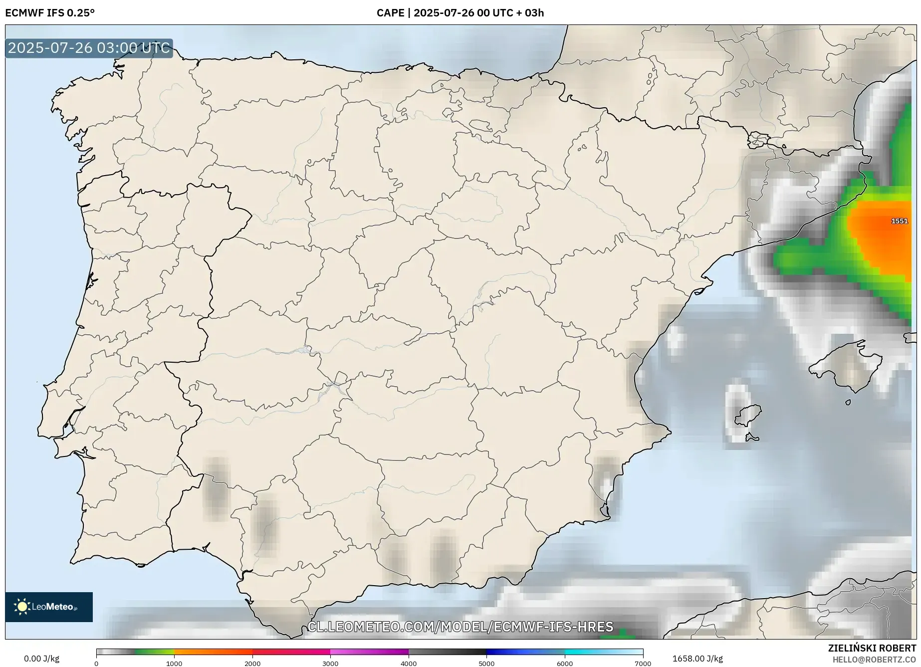 ECMWF IFS 0.25° model - España, CAPE