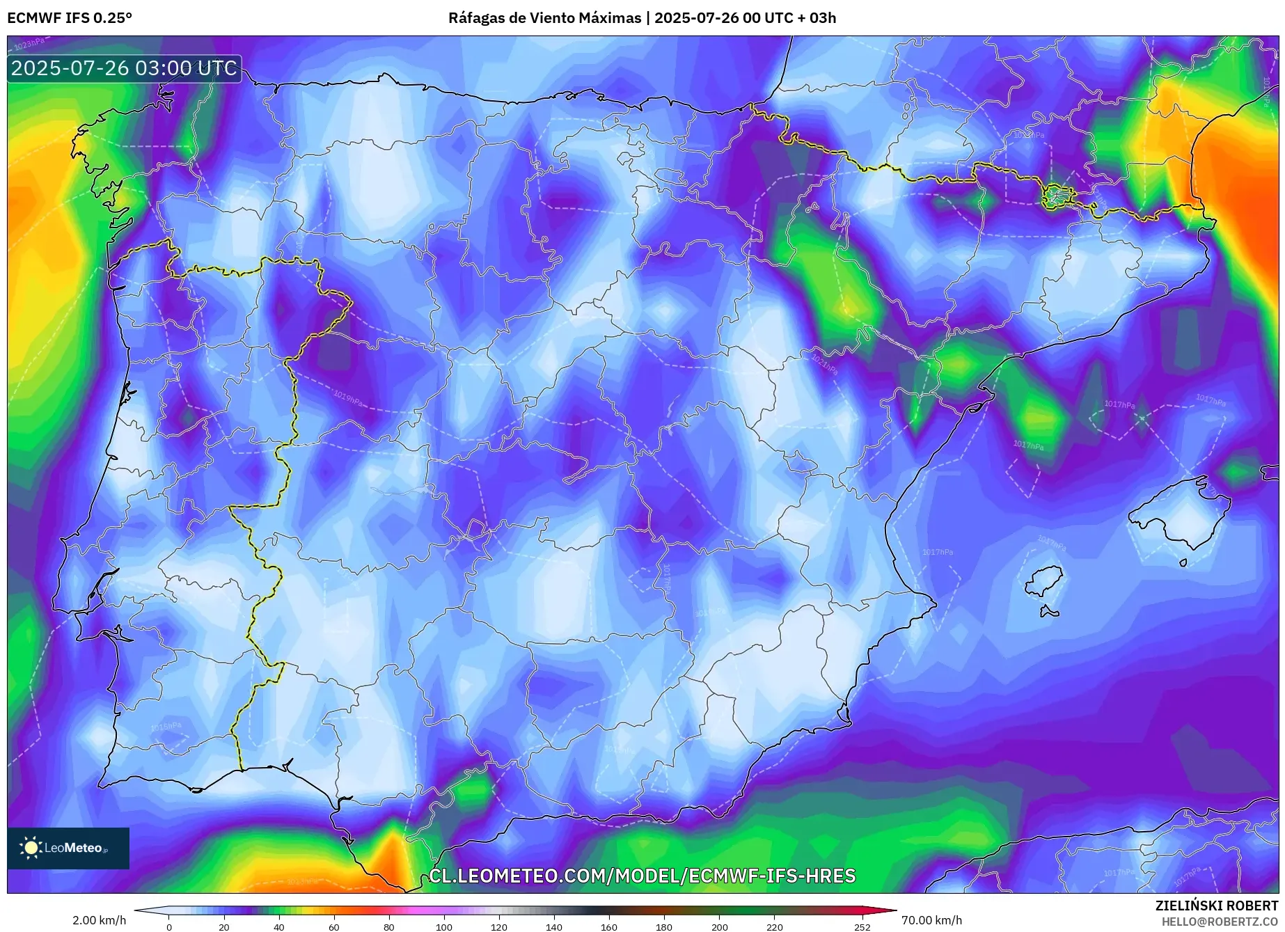 ECMWF IFS 0.25° model - España, Ráfagas de Viento Máximas