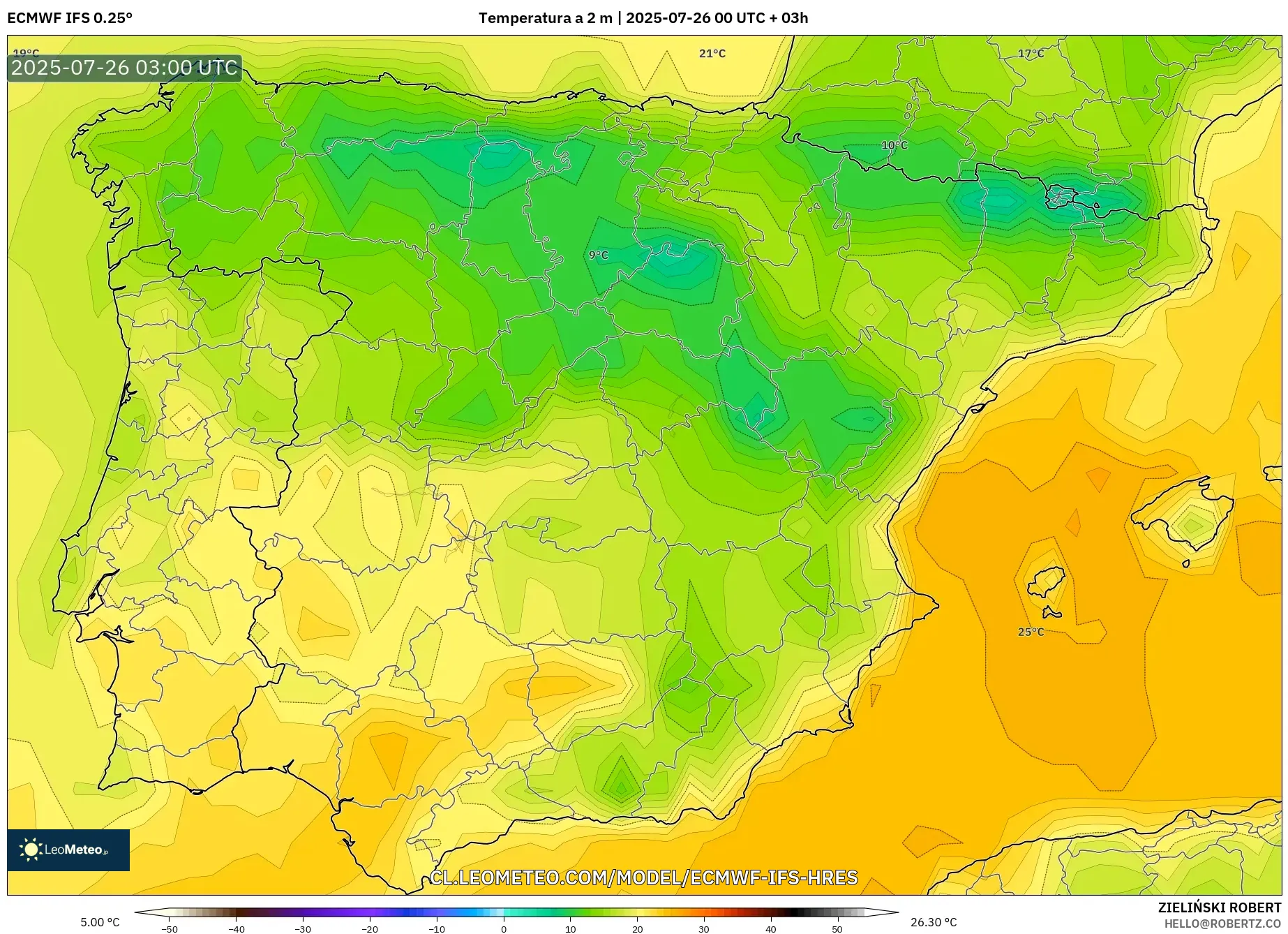 ECMWF IFS 0.25° model - España, Temperatura a 2 m