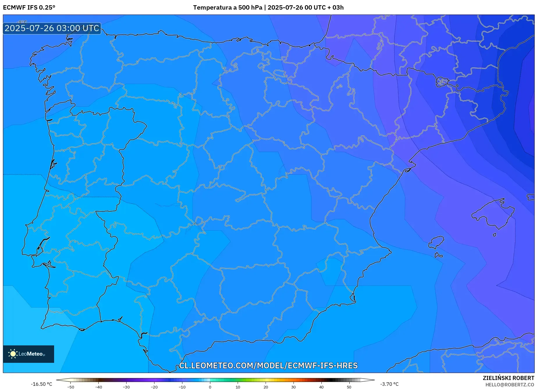 ECMWF IFS 0.25° model - España, Temperatura a 500 hPa