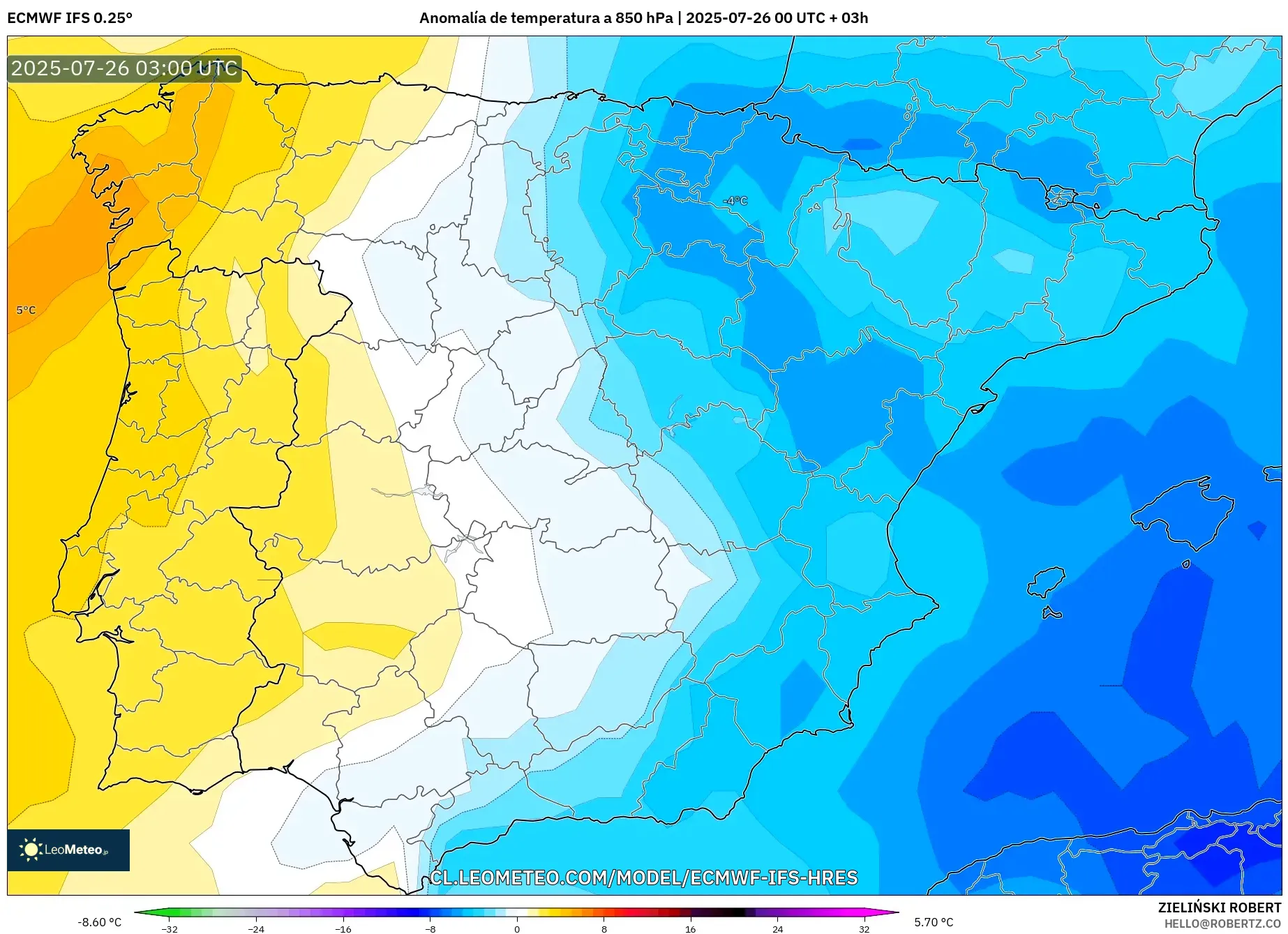 ECMWF IFS 0.25° model - España, Anomalía de temperatura a 850 hPa
