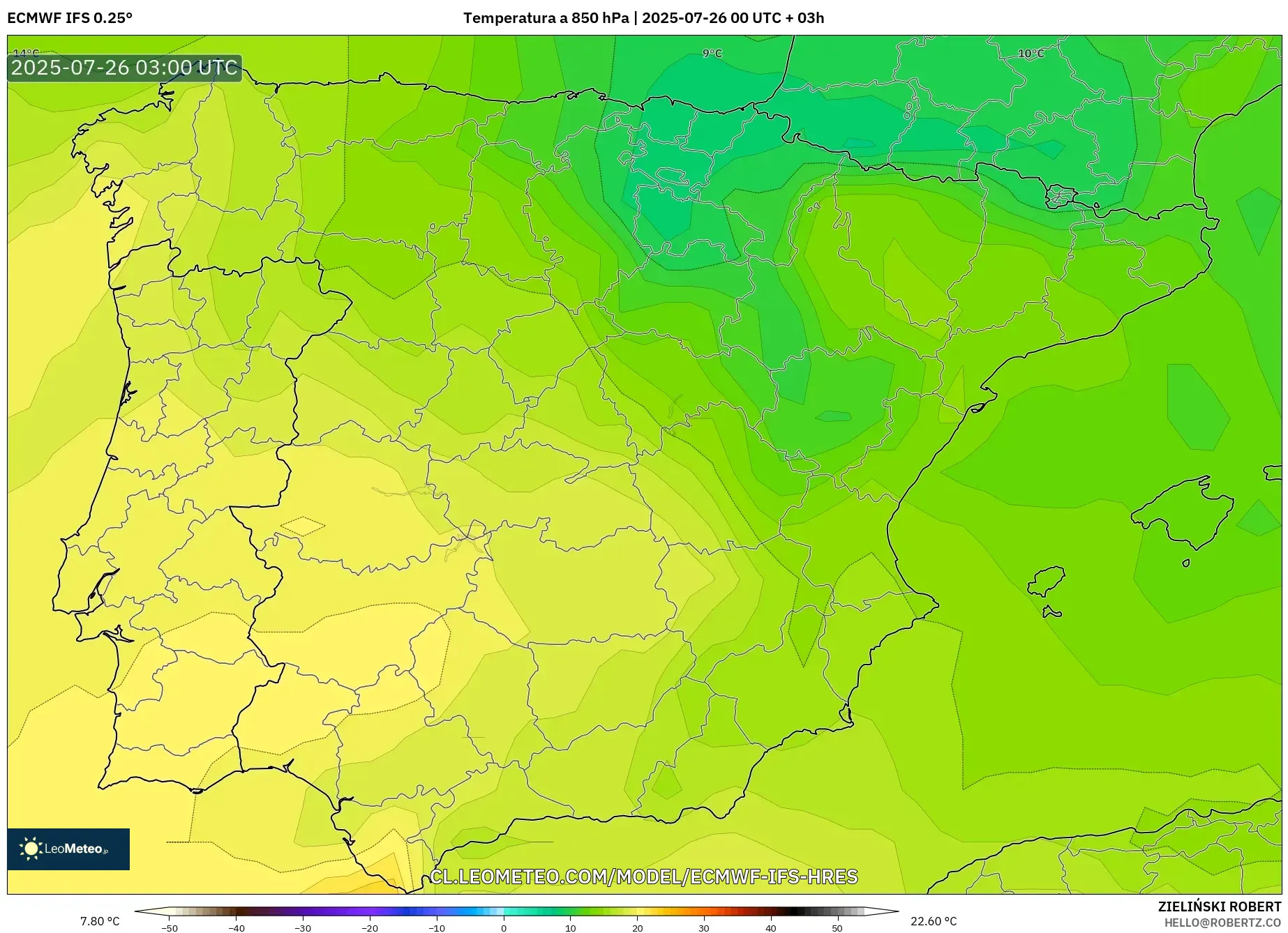 ECMWF IFS 0.25° model - España, Temperatura a 850 hPa
