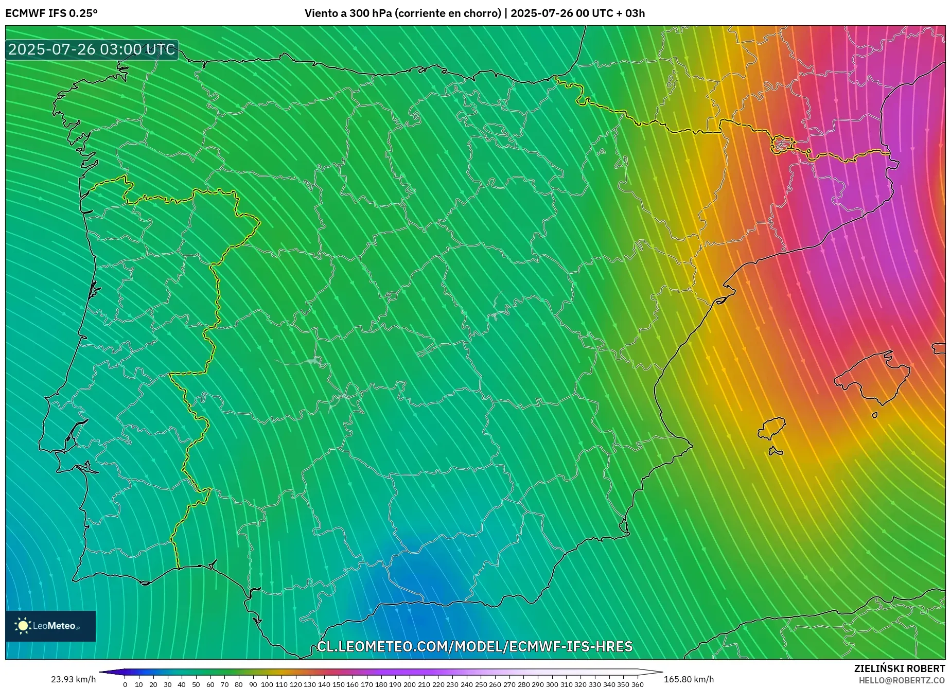ECMWF IFS 0.25° model - España, Viento a 300 hPa (corriente en chorro)