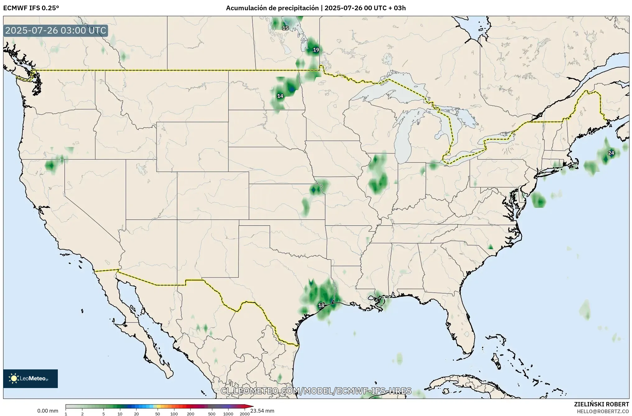 ECMWF IFS 0.25° model - Estados Unidos, Acumulación de precipitación