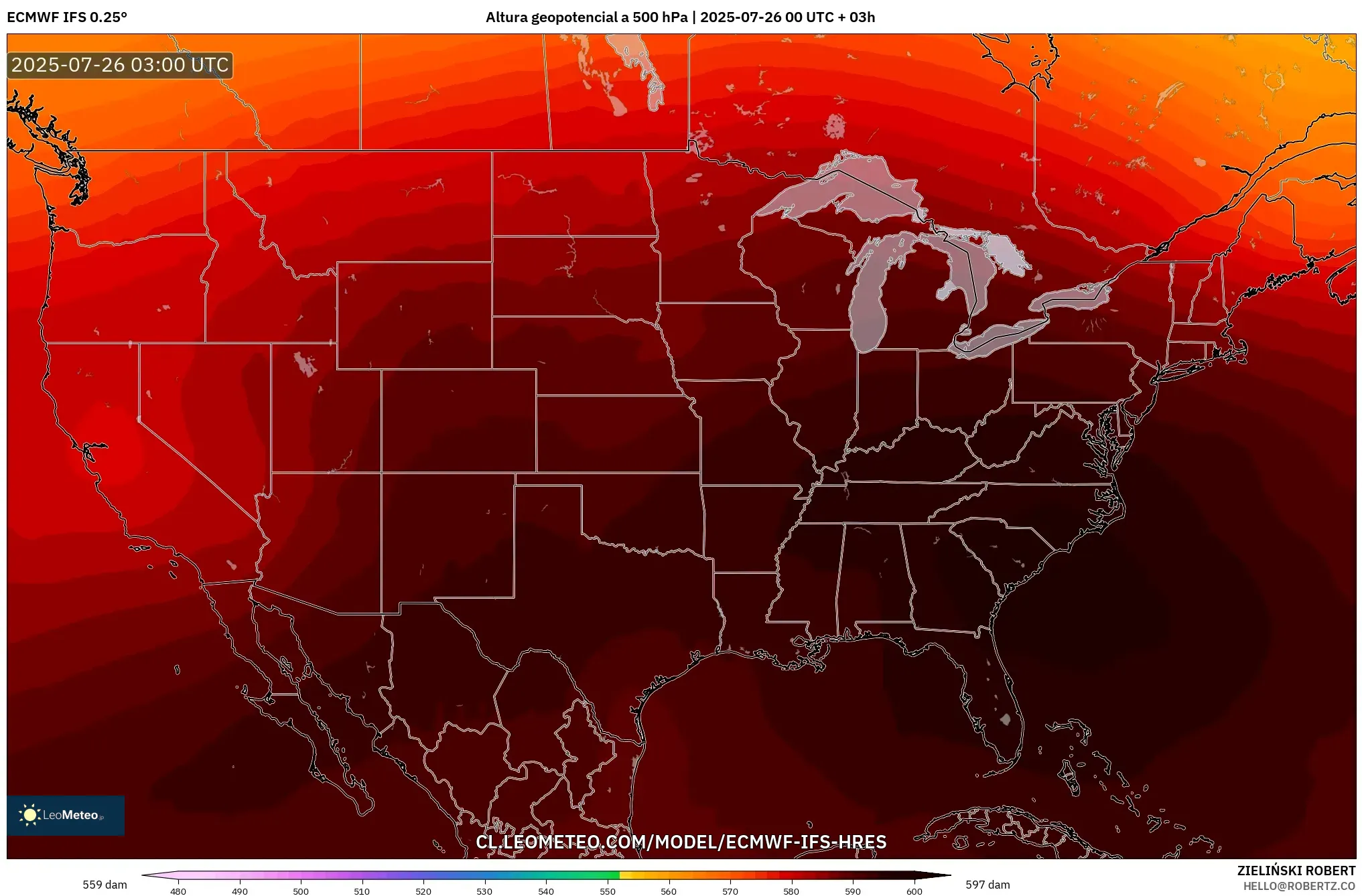 ECMWF IFS 0.25° model - Estados Unidos, Altura geopotencial a 500 hPa
