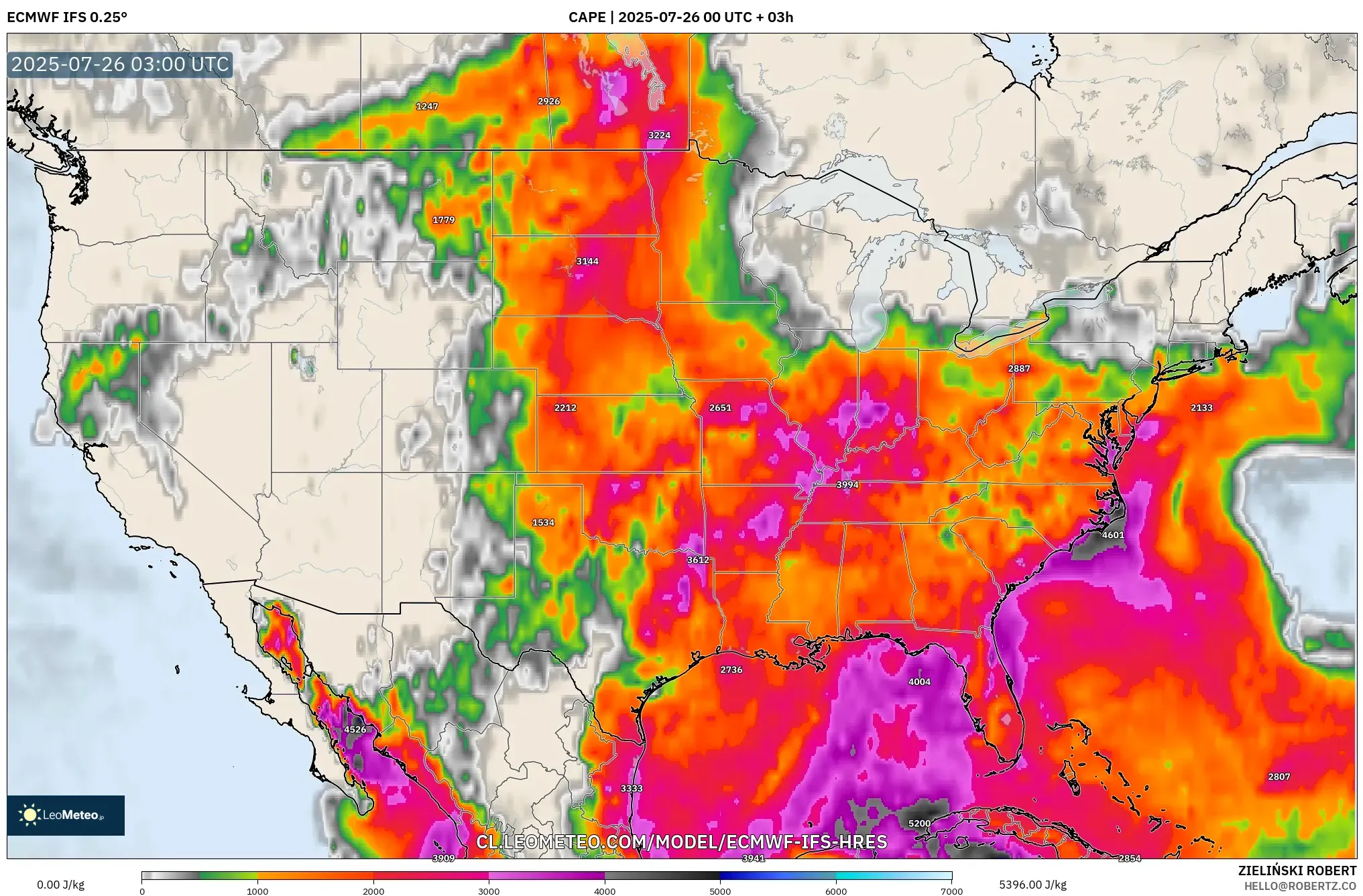ECMWF IFS 0.25° model - Estados Unidos, CAPE