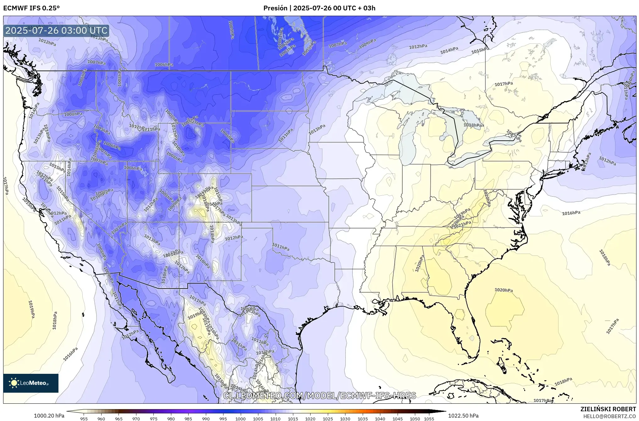 ECMWF IFS 0.25° model - Estados Unidos, Presión