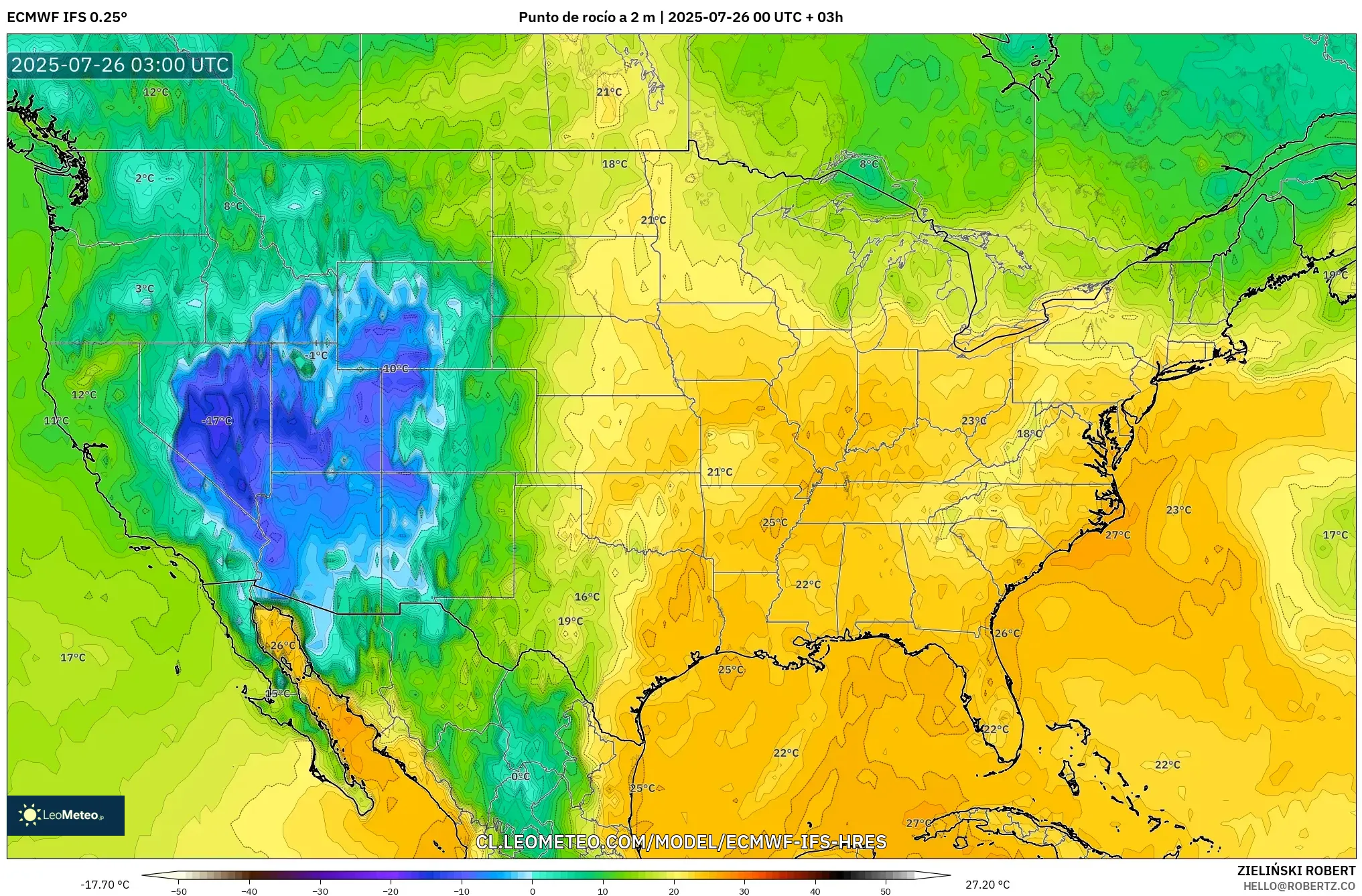 ECMWF IFS 0.25° model - Estados Unidos, Punto de rocío a 2 m