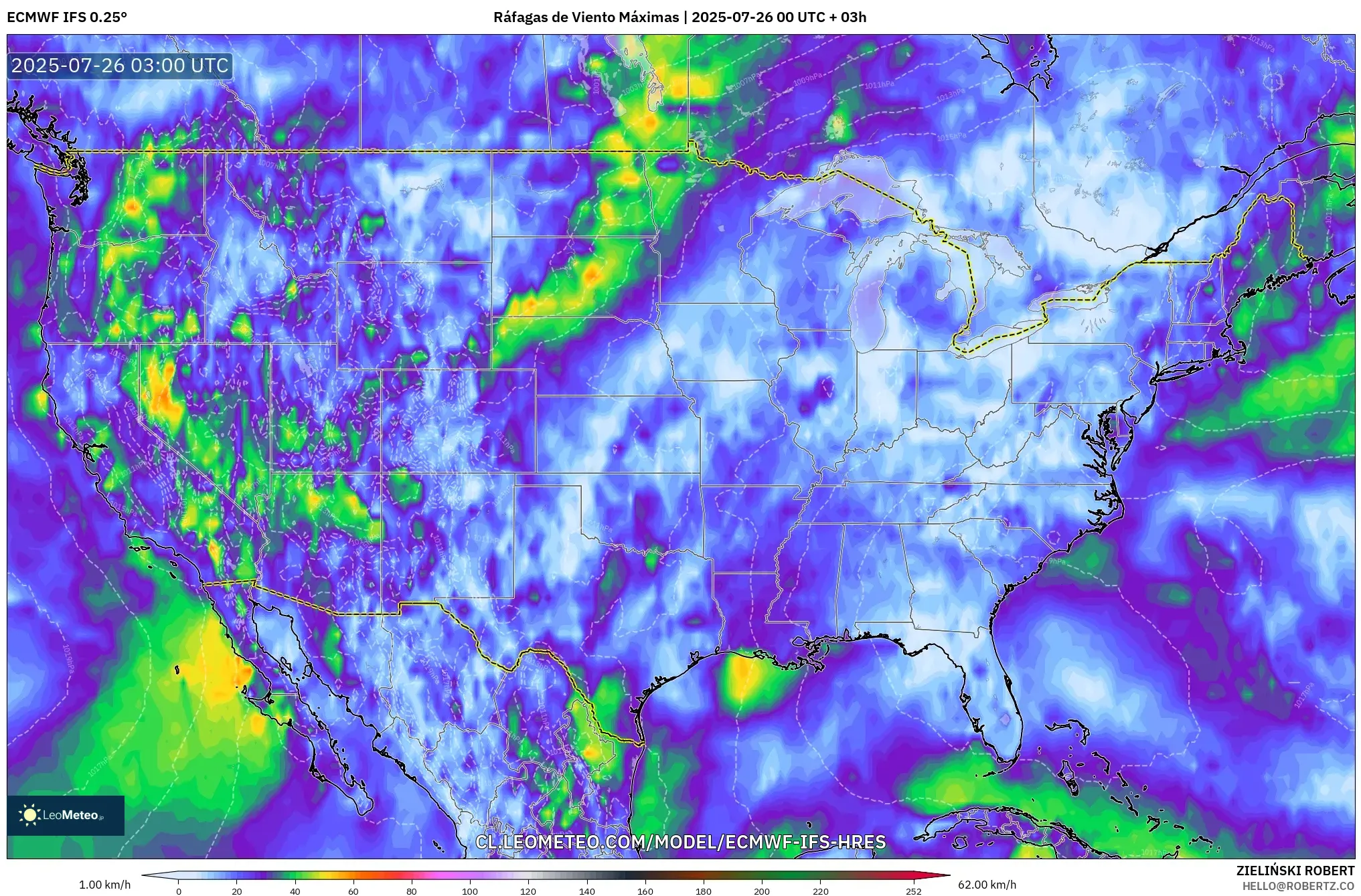 ECMWF IFS 0.25° model - Estados Unidos, Ráfagas de Viento Máximas