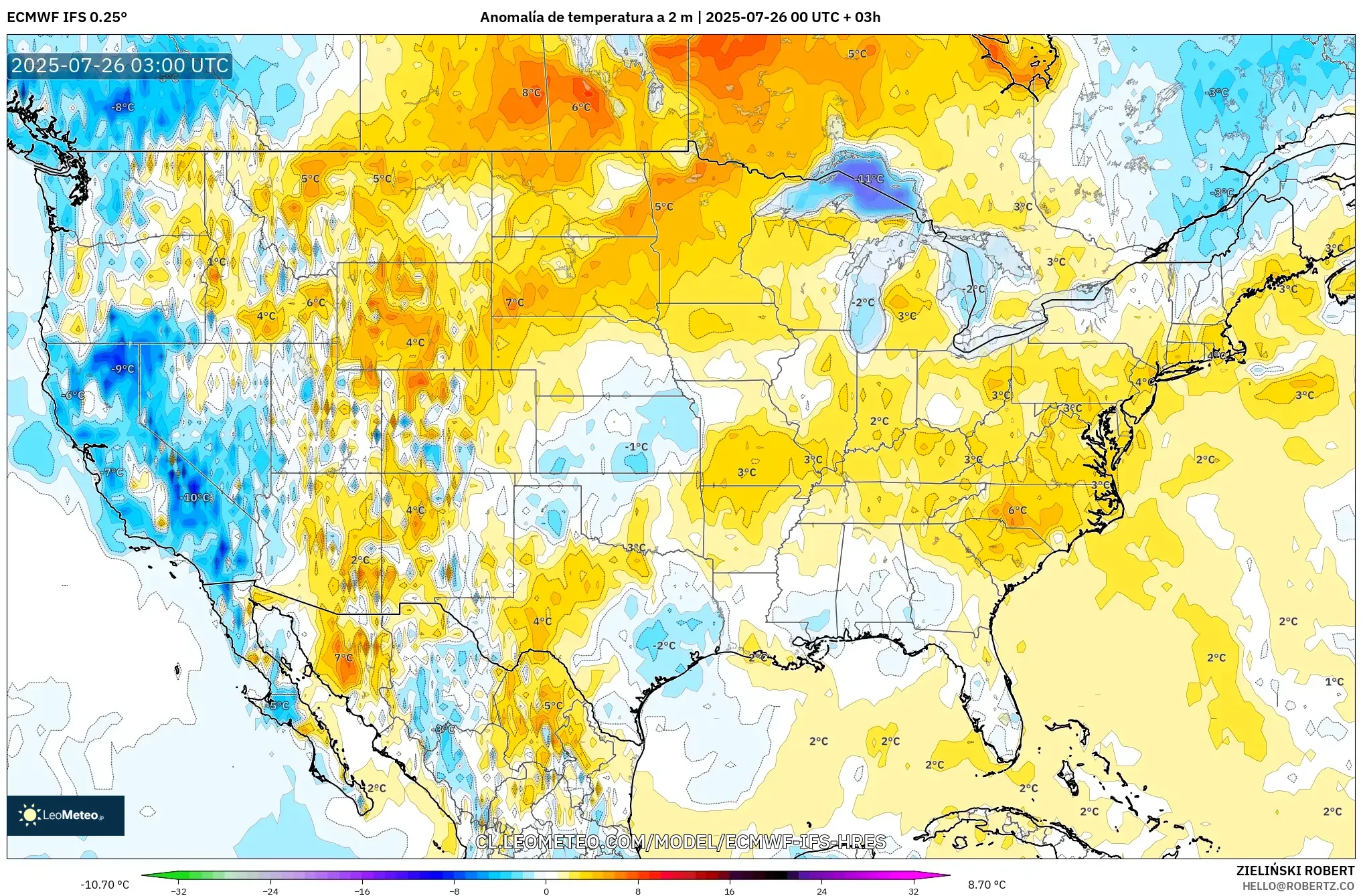 ECMWF IFS 0.25° model - Estados Unidos, Anomalía de temperatura a 2 m