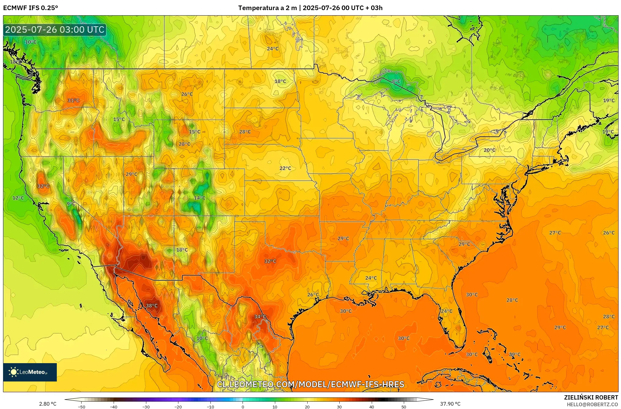 ECMWF IFS 0.25° model - Estados Unidos, Temperatura a 2 m