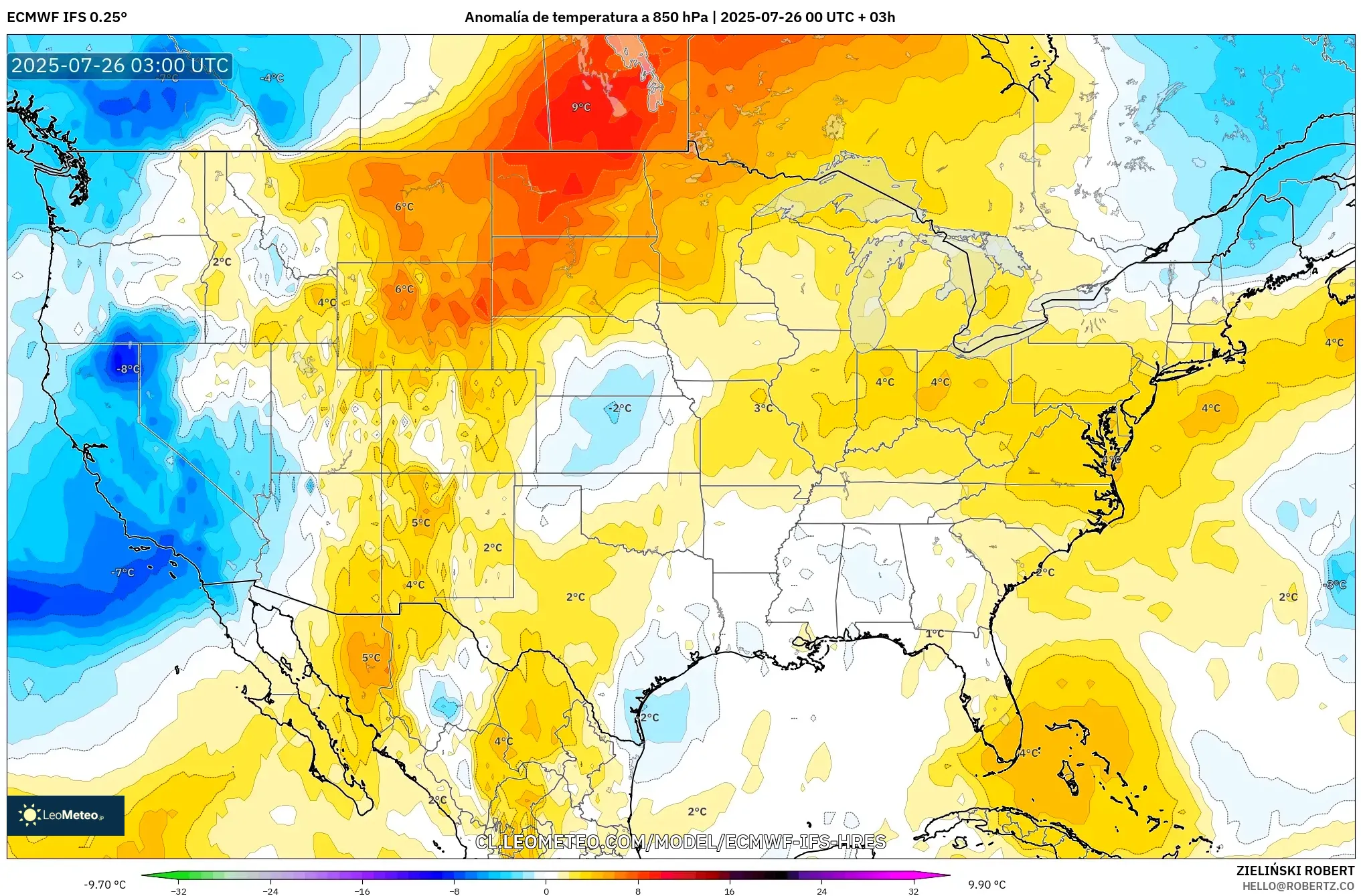 ECMWF IFS 0.25° model - Estados Unidos, Anomalía de temperatura a 850 hPa